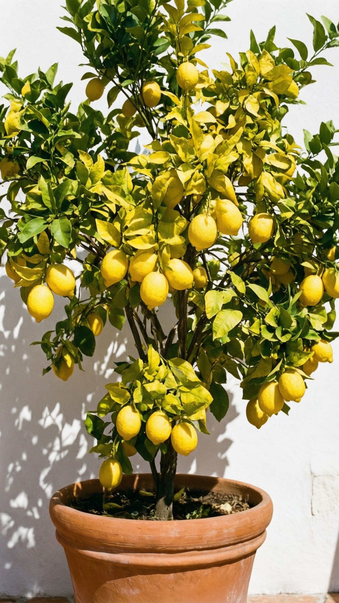 Lemon Tree Sunshine 壁紙 — 一盆檸檬樹，結滿成熟的黃色檸檬，映襯著明亮的白色牆壁，在斑駁的陽光下。
