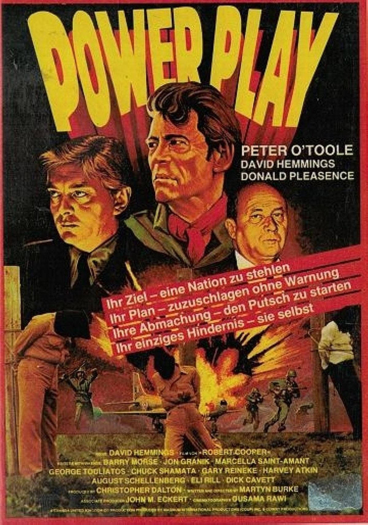 電影動圖 桌布 壁紙 — 《Power Play》的復古電影海報，以三位表情強烈的男演員為主角，背景是熾熱的爆炸場景，並配有粗體黃色標題。