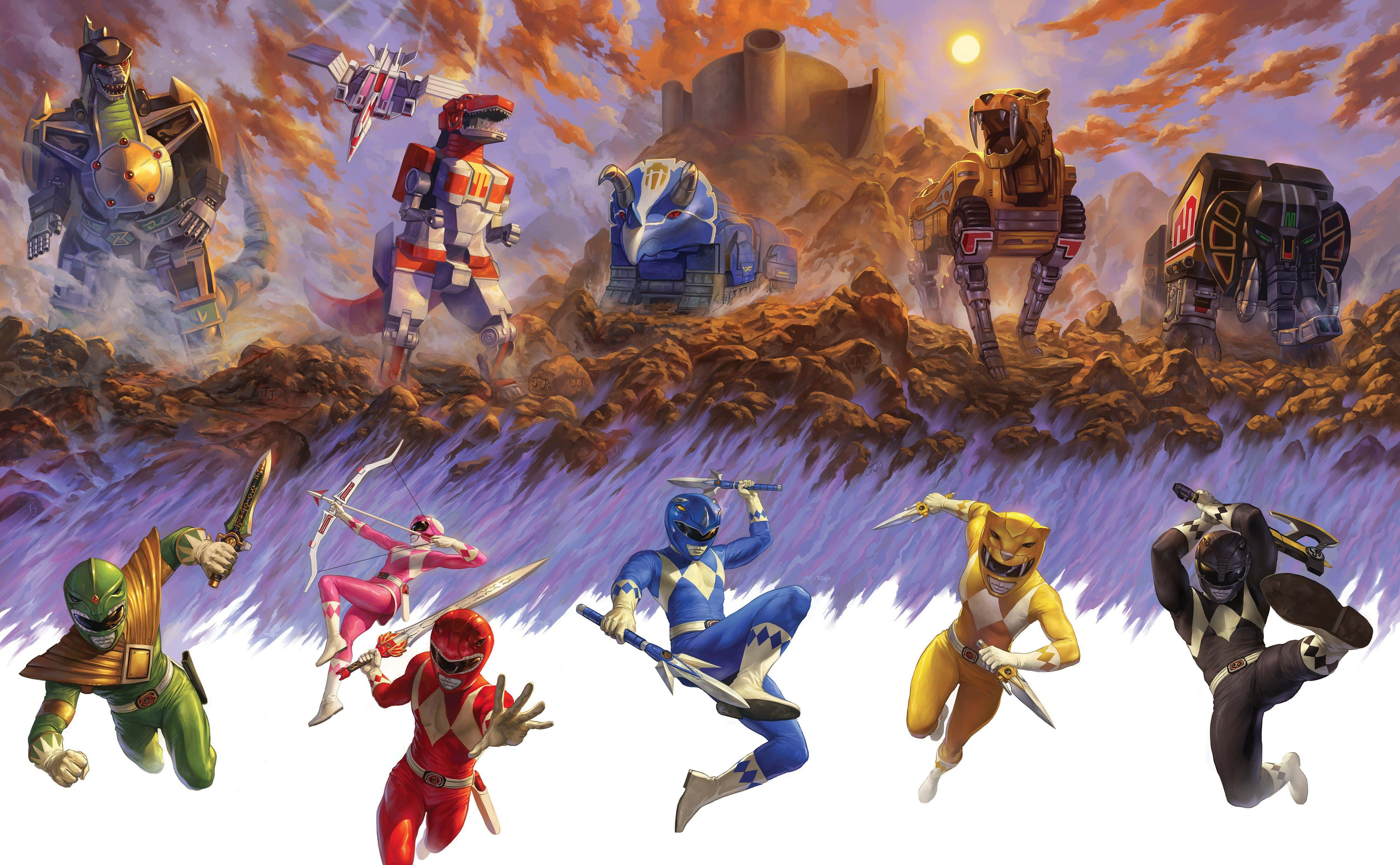 金剛戰士 桌布 壁紙 — Power Rangers 以動感姿勢與他們的獸神在熾熱的外星戰場上，在發光的太陽下。