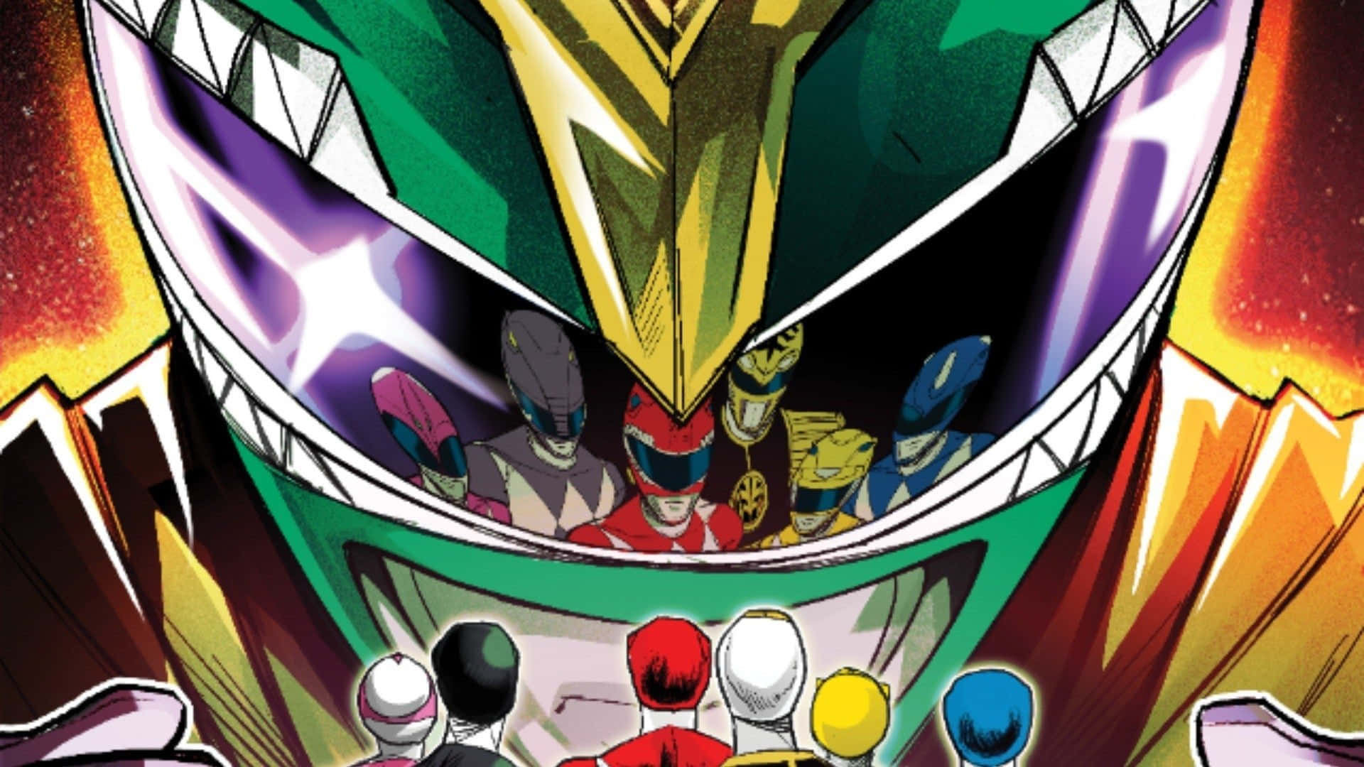 金剛戰士 桌布 壁紙 — Power Rangers 挑釁地站在巨型綠色和金色怪物的嘴裡，背景是火熱的橙色和紫色。