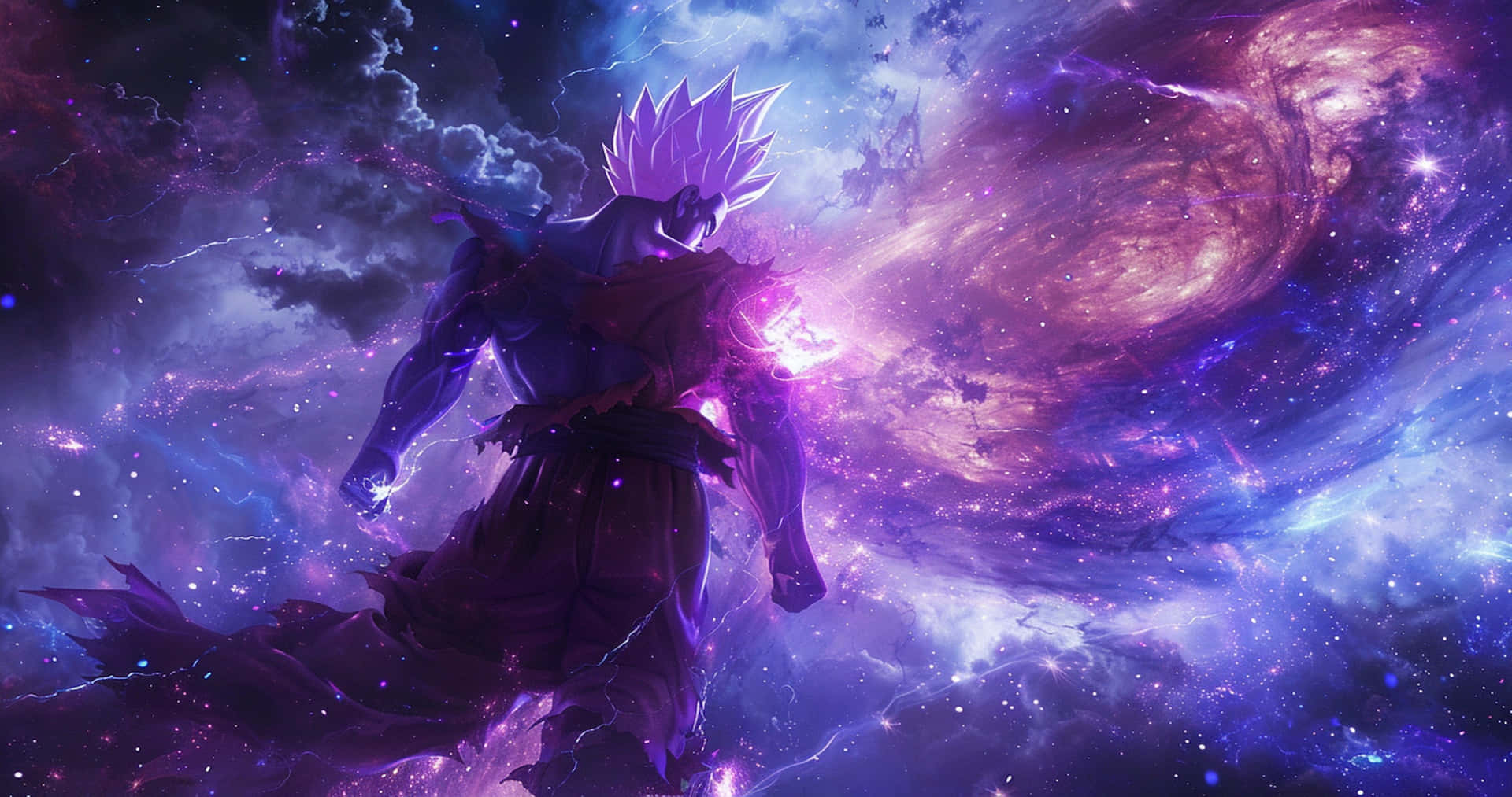  壁紙 — 一個擁有紫色尖刺頭髮的強大動漫戰士，站在充滿旋轉星雲和閃爍星空的宇宙星系中。