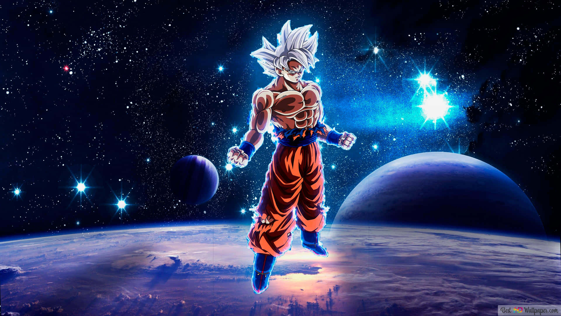 動漫角色悟空以超級賽亞人形態漂浮在行星上方的太空中。 — 悟空超級賽亞人最終形態 壁紙