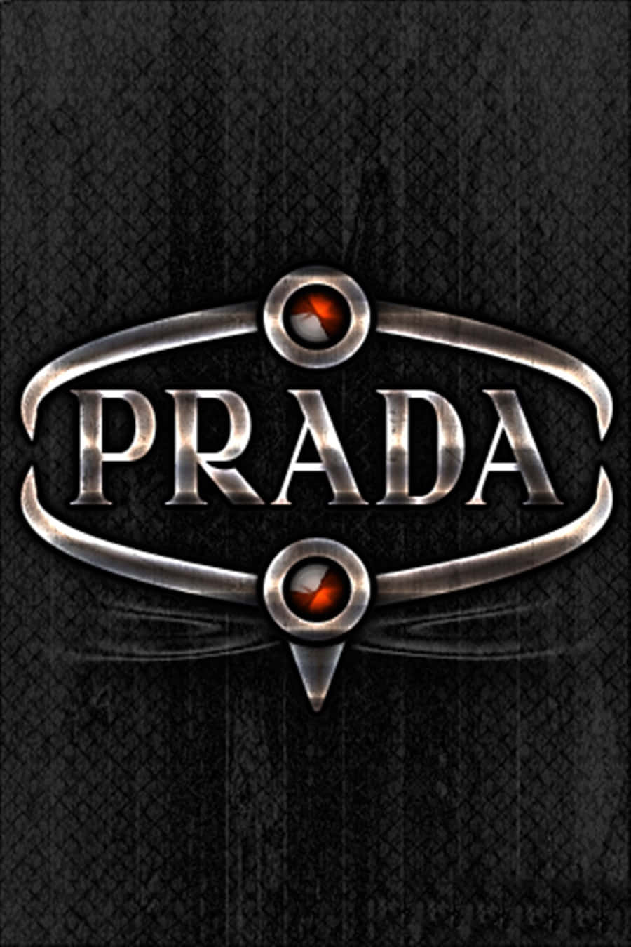 Prada 桌布 壁紙 — Prada 標誌在帶有紋理的黑色皮革背景上閃耀著金屬銀色，並有兩顆發光的紅色寶石。