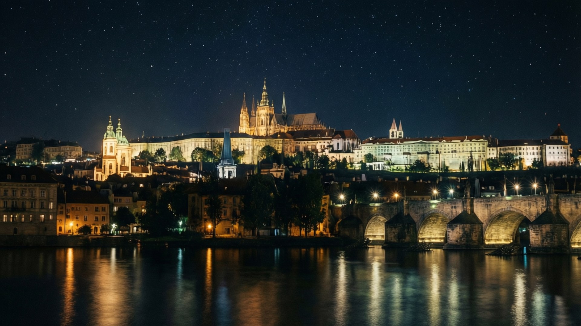Night Prague Castle 壁紙 — 布拉格城堡和查理大橋在伏爾塔瓦河倒映的星空下溫暖地發光。