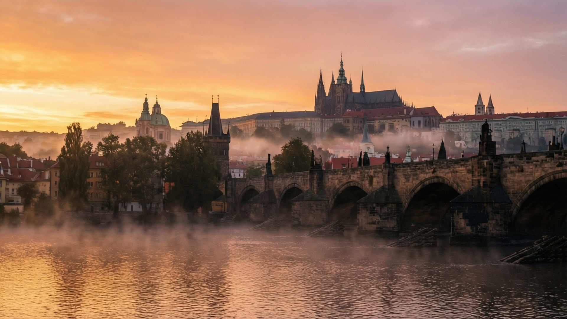 Charles Bridge Sunrise 壁紙 — 布拉格霧氣瀰漫的黎明，查理大橋和城堡的剪影在溫暖的橙色光芒中閃耀。