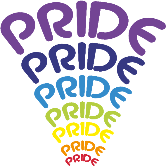 LGBT 桌布 壁紙 — 「pride」一詞以彩虹漸層重複，形成一個向下的三角形，背景為黑色。