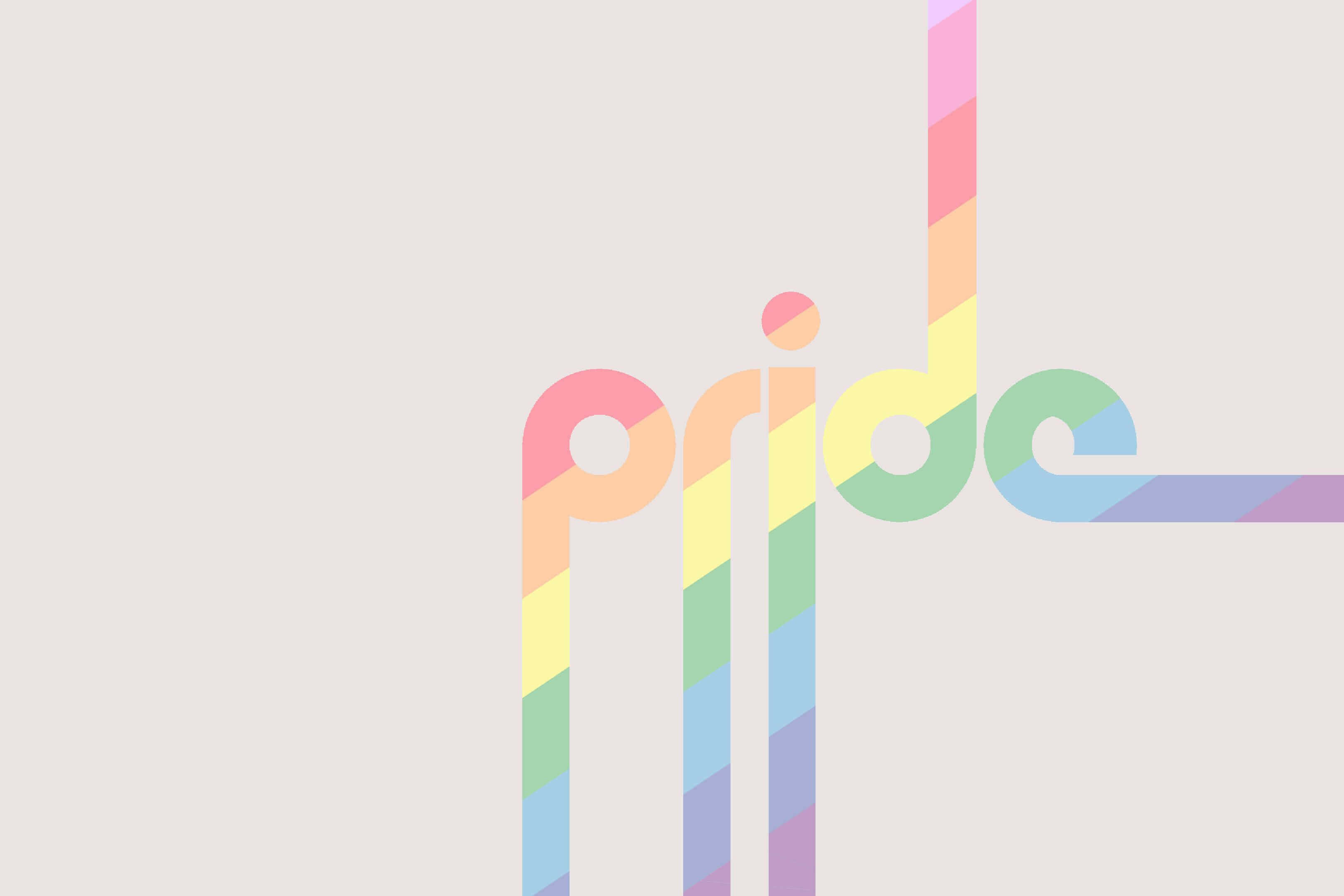 Pride Aesthetic 桌布 壁紙 — 「pride」一詞以粗體彩虹條紋呈現在柔和的灰色背景上。