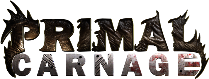 屠殺 桌布 壁紙 — Primal Carnage 的粗獷金屬標誌，帶有血跡和鋸齒狀邊緣，背景為黑色。