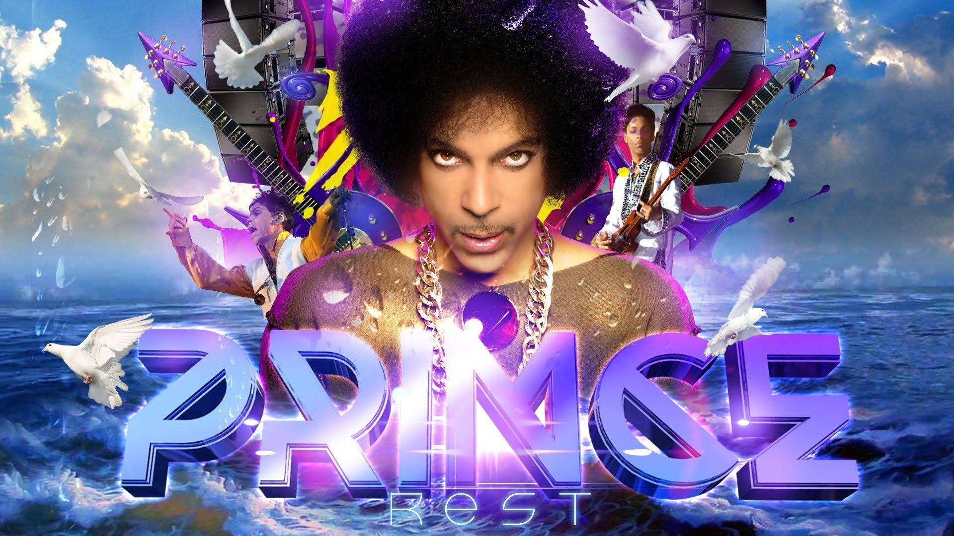 王子 桌布 壁紙 — Prince 勇敢地站在暴風雨海洋背景前，周圍有漂浮的吉他、鴿子和鮮豔的紫色霓虹燈文字拼出他的名字。