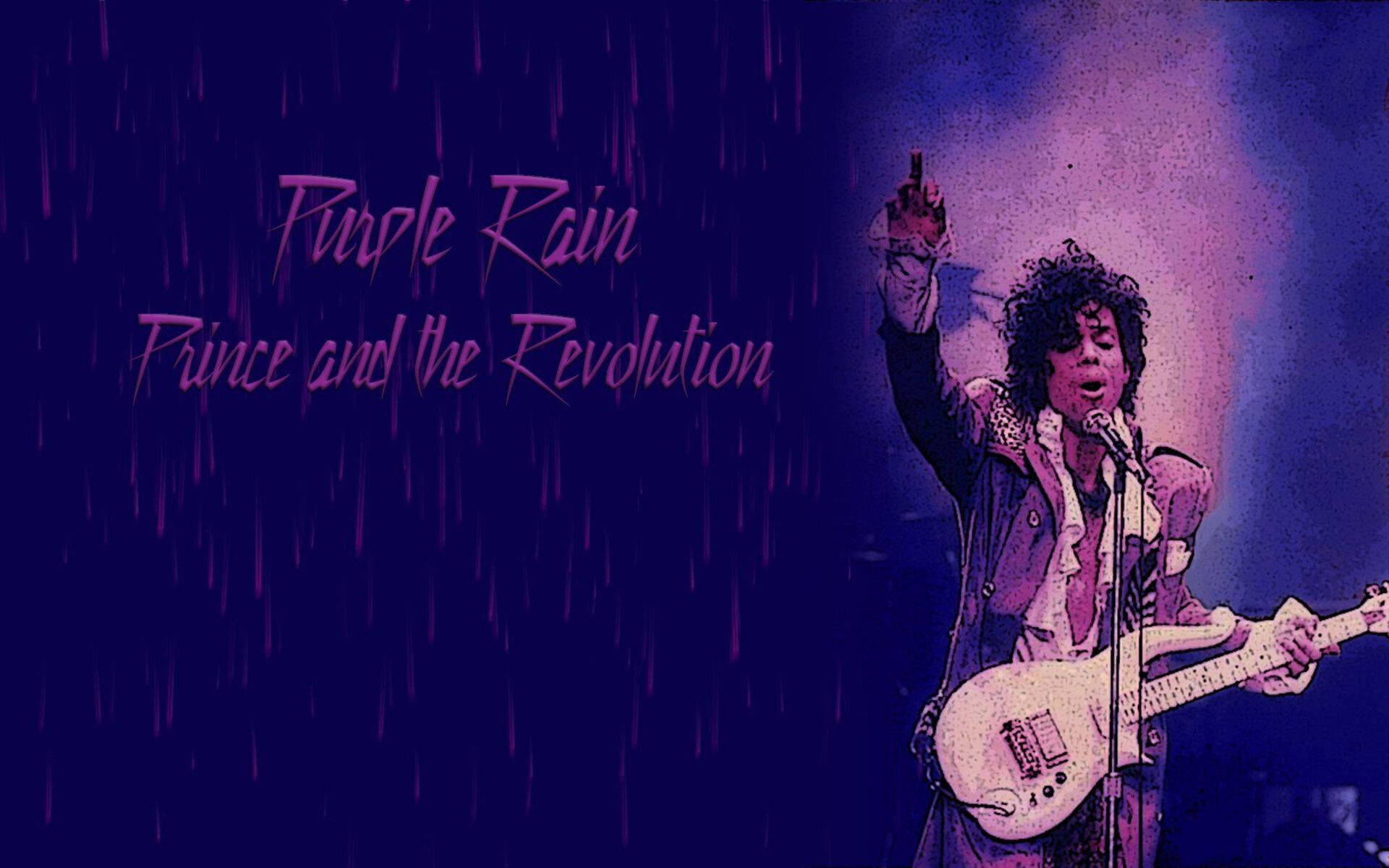 王子 桌布 壁紙 — Prince 在紫色雨中熱情演出，'Purple Rain' 文字在他旁邊發光。