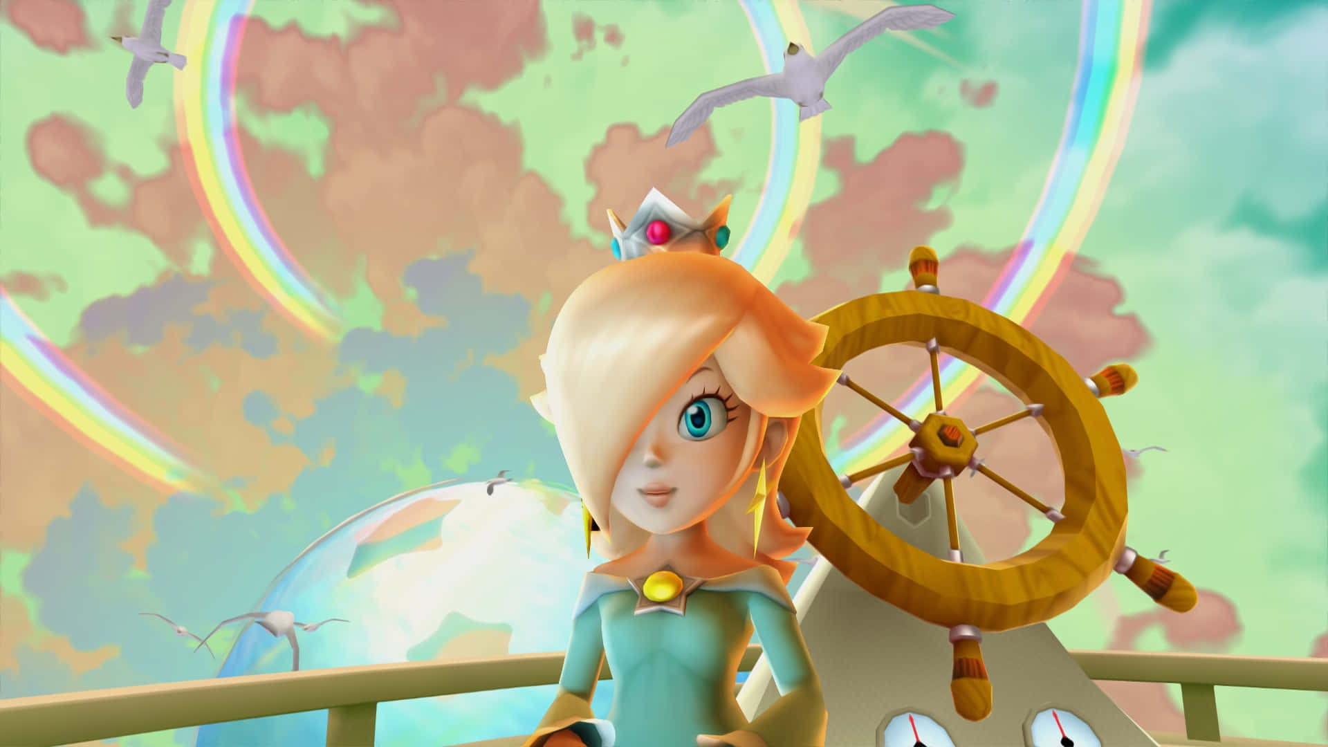 Princess Rosalina 桌布 壁紙 — Princess Daisy 站在船的舵輪上，在充滿彩虹的鮮豔天空下，海鷗在她周圍飛翔。