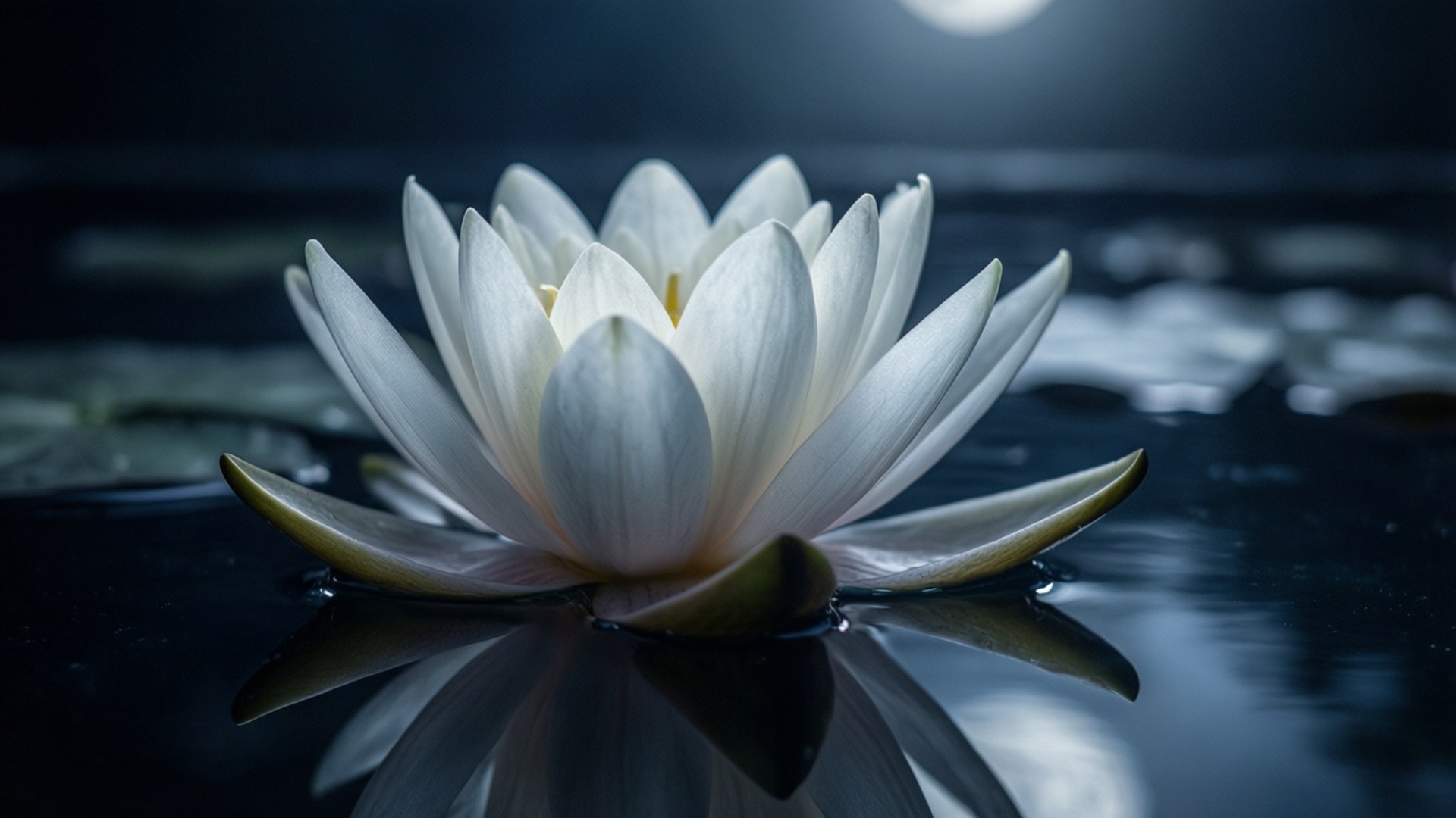 Altruism 桌布 壁紙 — 一朵純淨的白睡蓮在月光下盛開，平靜的深色水面映出完美倒影。