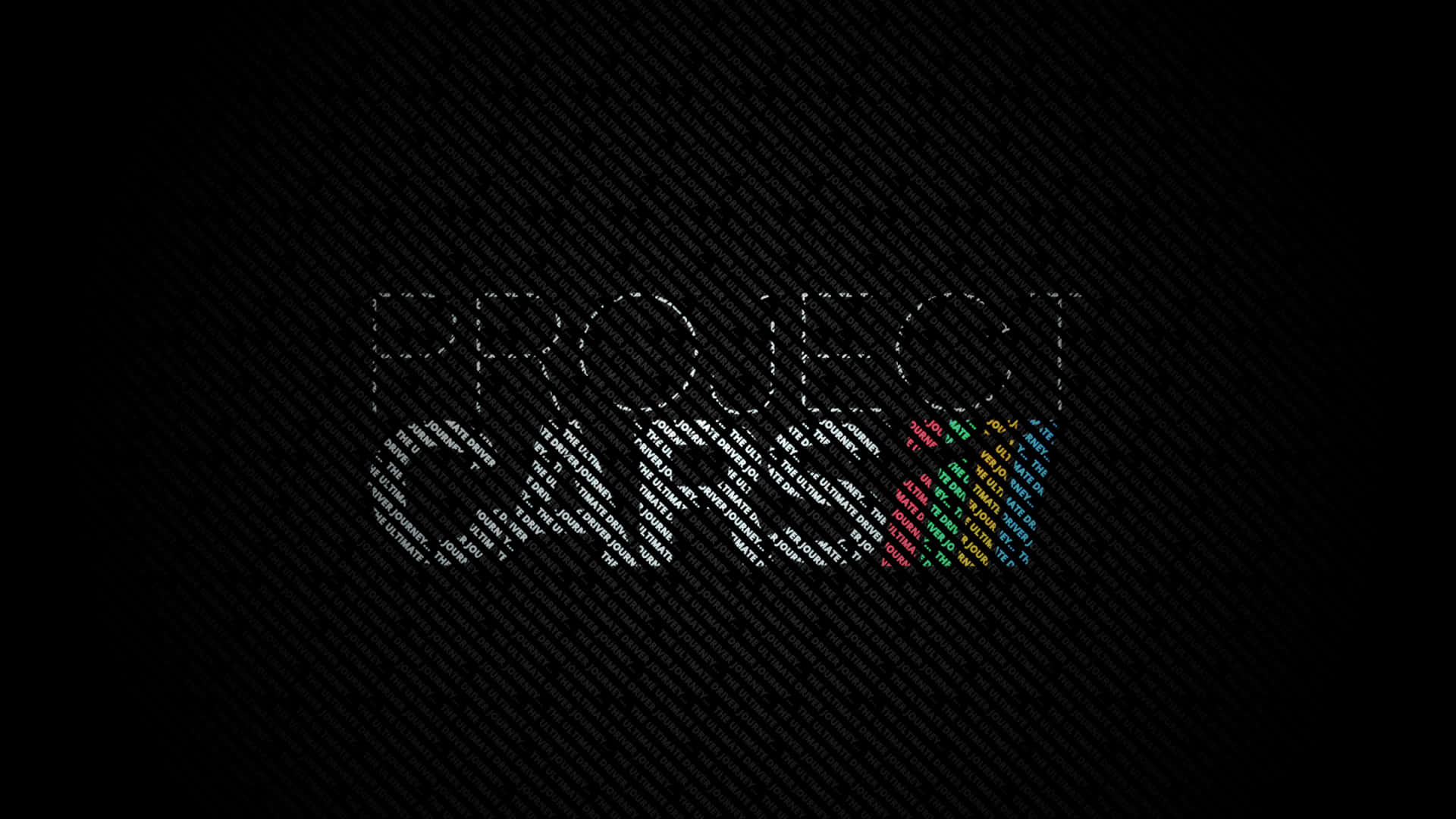 數位文字藝術，在黑色條紋背景上用彩虹色強調拼出 PROJECT。 — Project Cars 壁紙