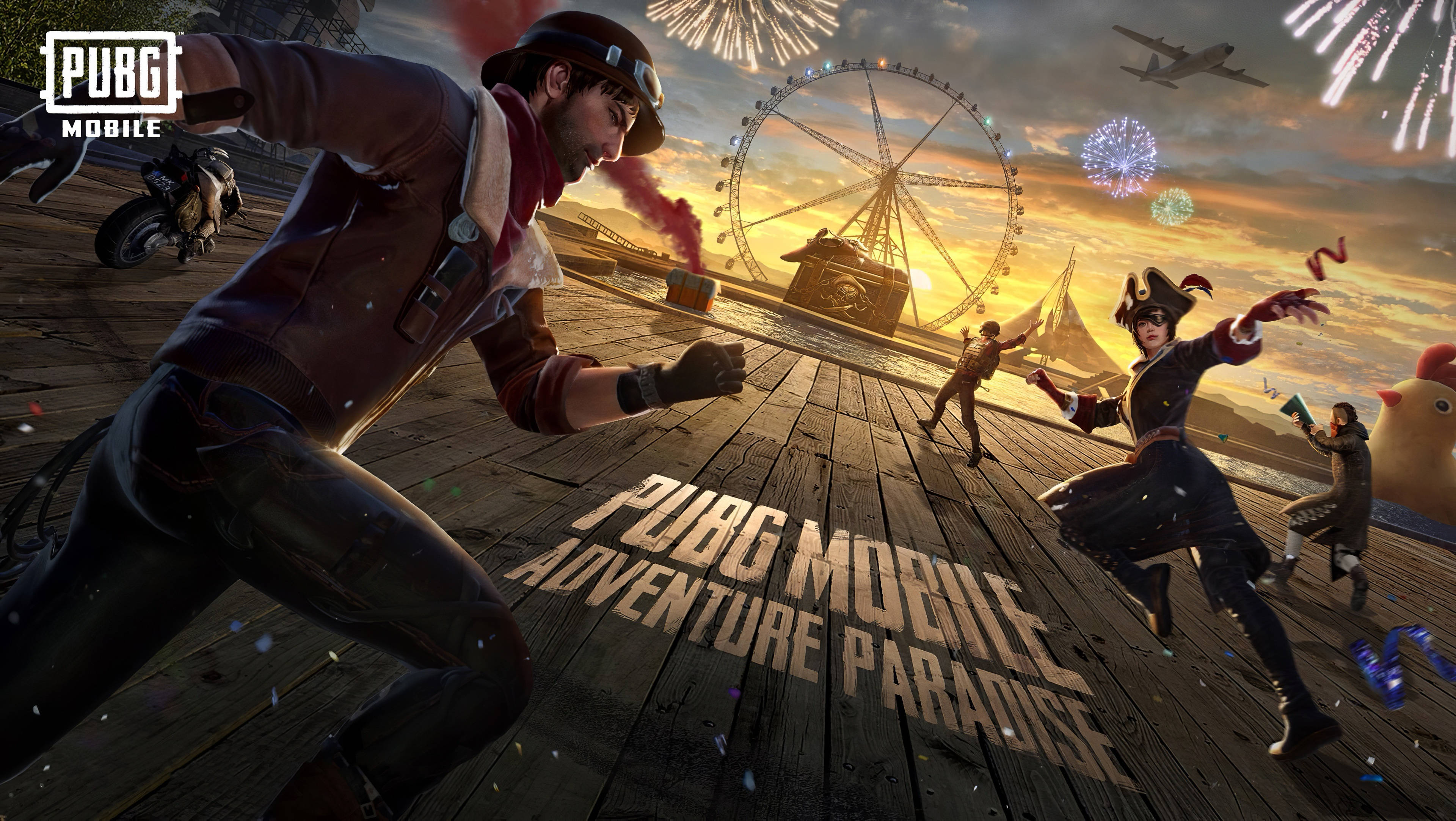 絕地求生 桌布 壁紙 — PUBG Mobile 中的角色在金色夕陽天空下，伴隨著煙火、摩天輪和飛機，衝過木製碼頭。