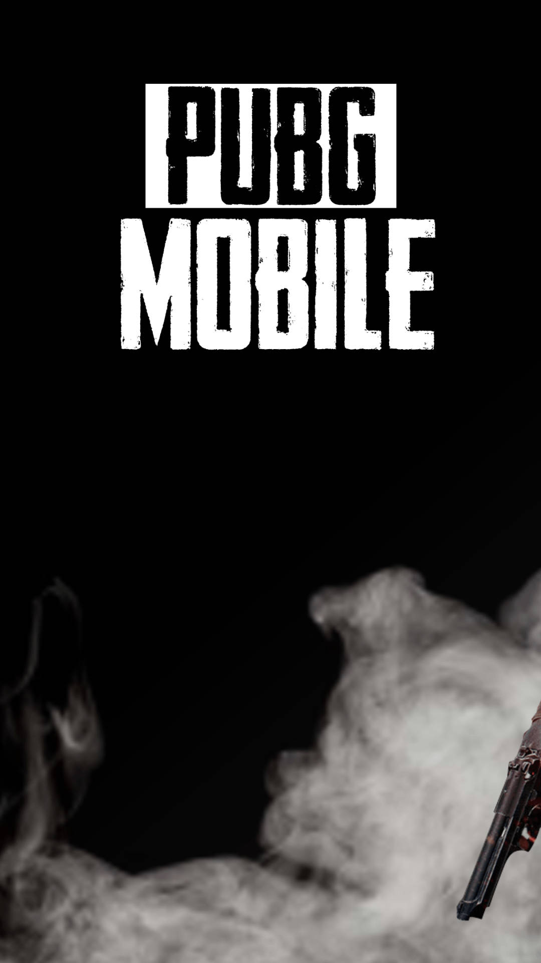 Pubg Black 桌布 壁紙 — PUBG Mobile 標誌以粗體白色文字顯示在黑色背景上，部分可見煙霧和手槍。