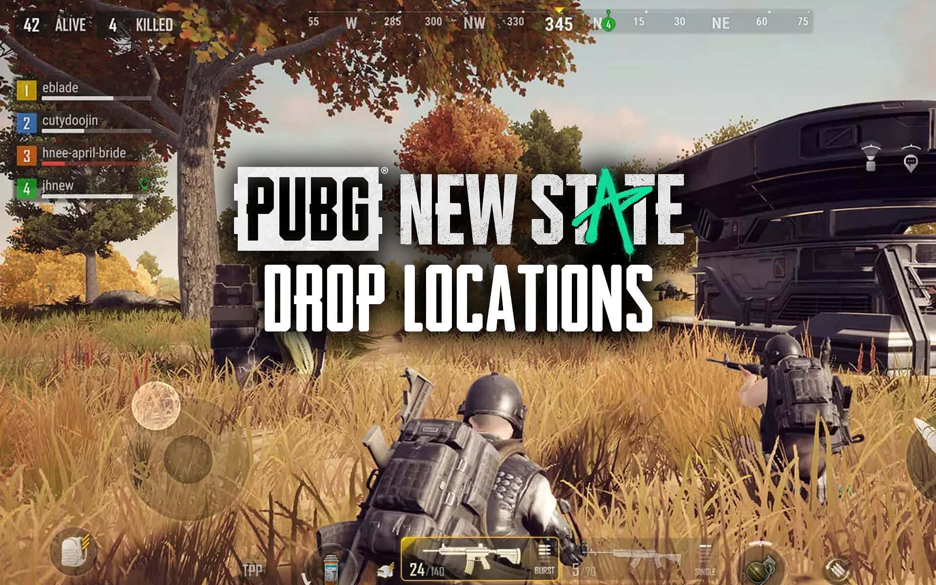 電玩遊戲 桌布 壁紙 — 《PUBG New State》中的玩家在秋季樹下，蹲在未來車輛附近的高草叢中。