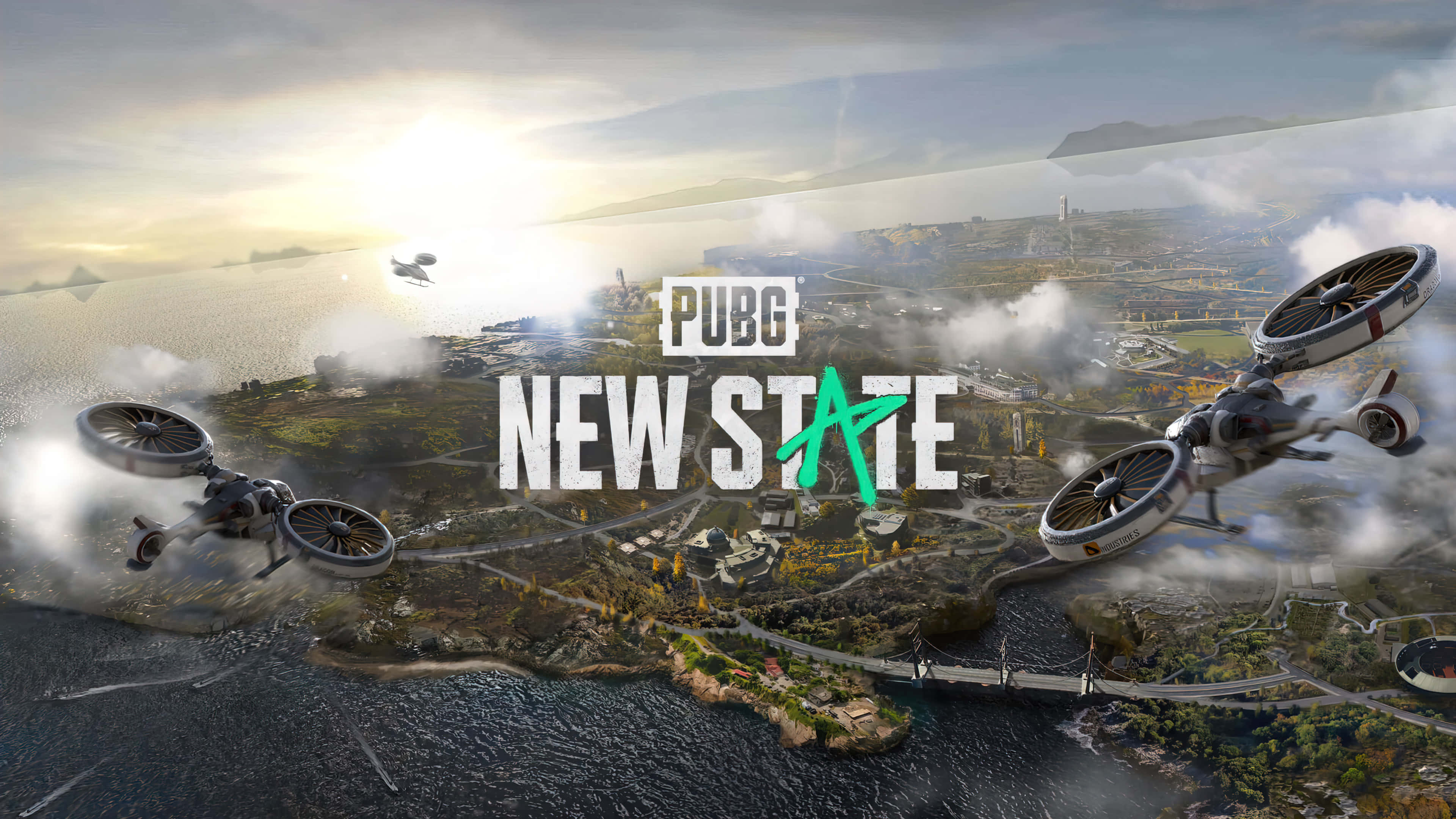 Fps 桌布 壁紙 — PUBG New State 島嶼地圖的鳥瞰圖，未來飛行車輛在日出時分翱翔於沿海地形上空。