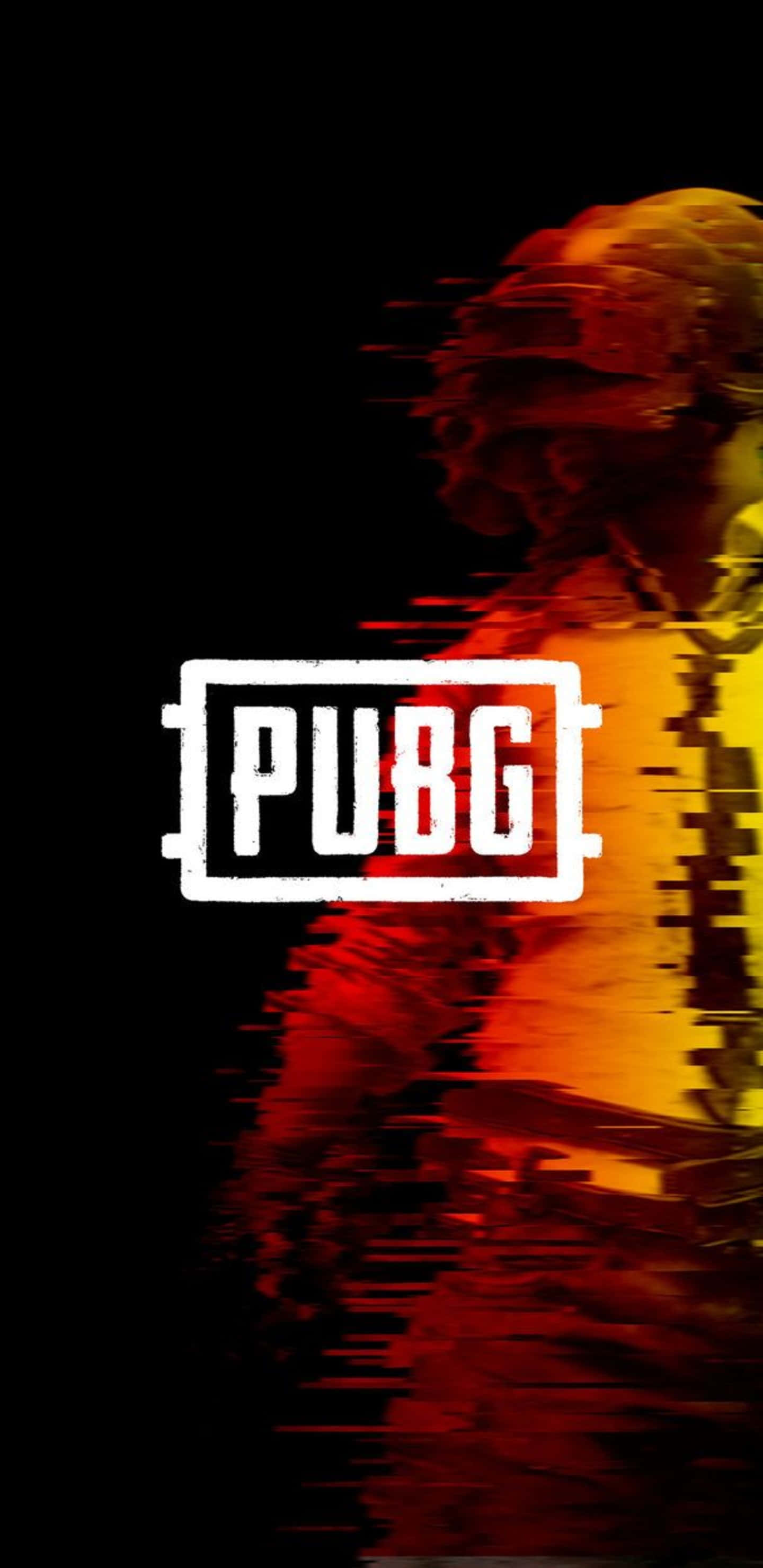 絕地求生 桌布 壁紙 — PUBG 標誌位於白色方框中，居中於黑色背景上的故障紅橙色數位扭曲。