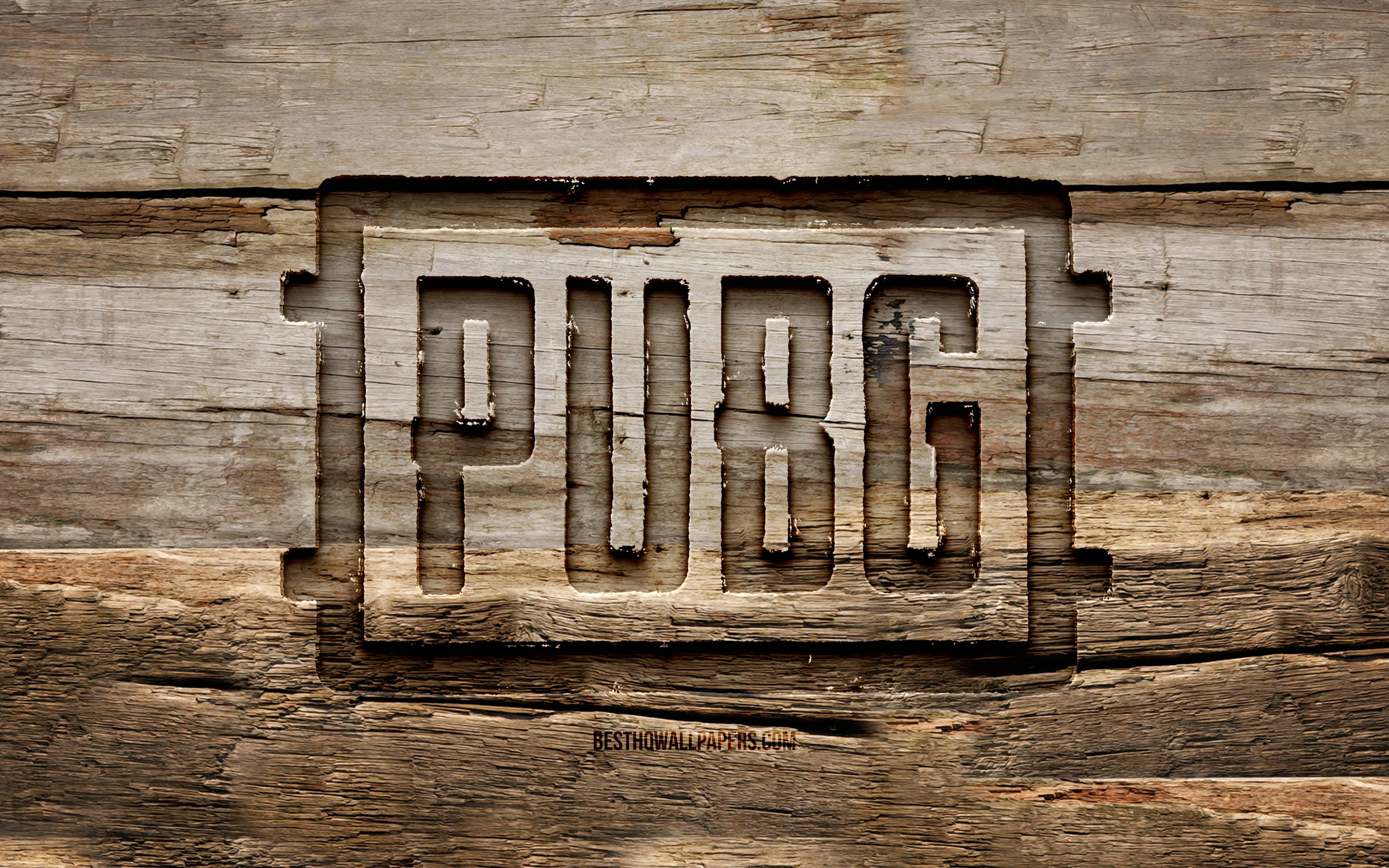 Pubg Logo 桌布 壁紙 — PUBG 標誌雕刻在風化的木板上，帶有深紋理和鄉村質感。