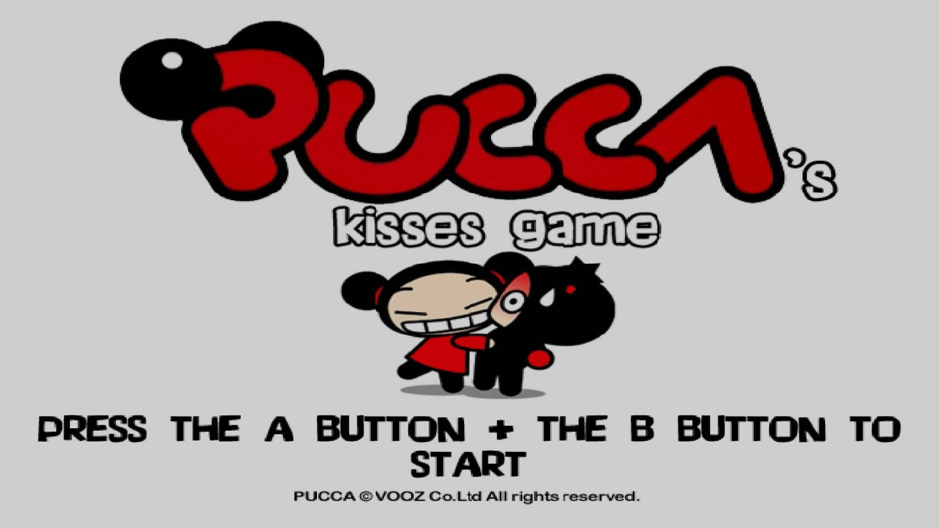 Pucca 桌布 壁紙 — 《Pucca's kisses game》的卡通遊戲標題畫面，兩個角色擁抱，灰色背景上有粗體紅色文字。