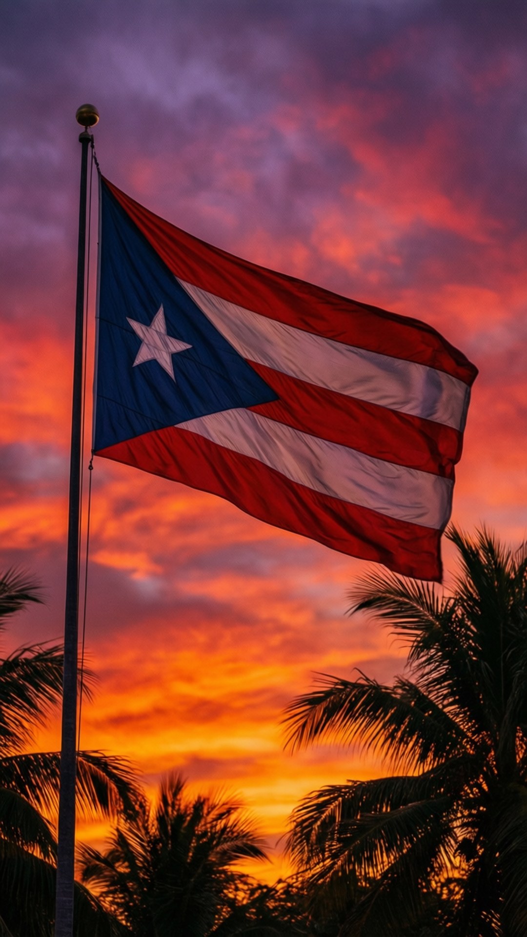 Puerto Rican Flag Sunset 壁紙 — 波多黎各國旗在火紅的日落天空背景下自豪地飄揚，周圍是剪影般的棕櫚樹。