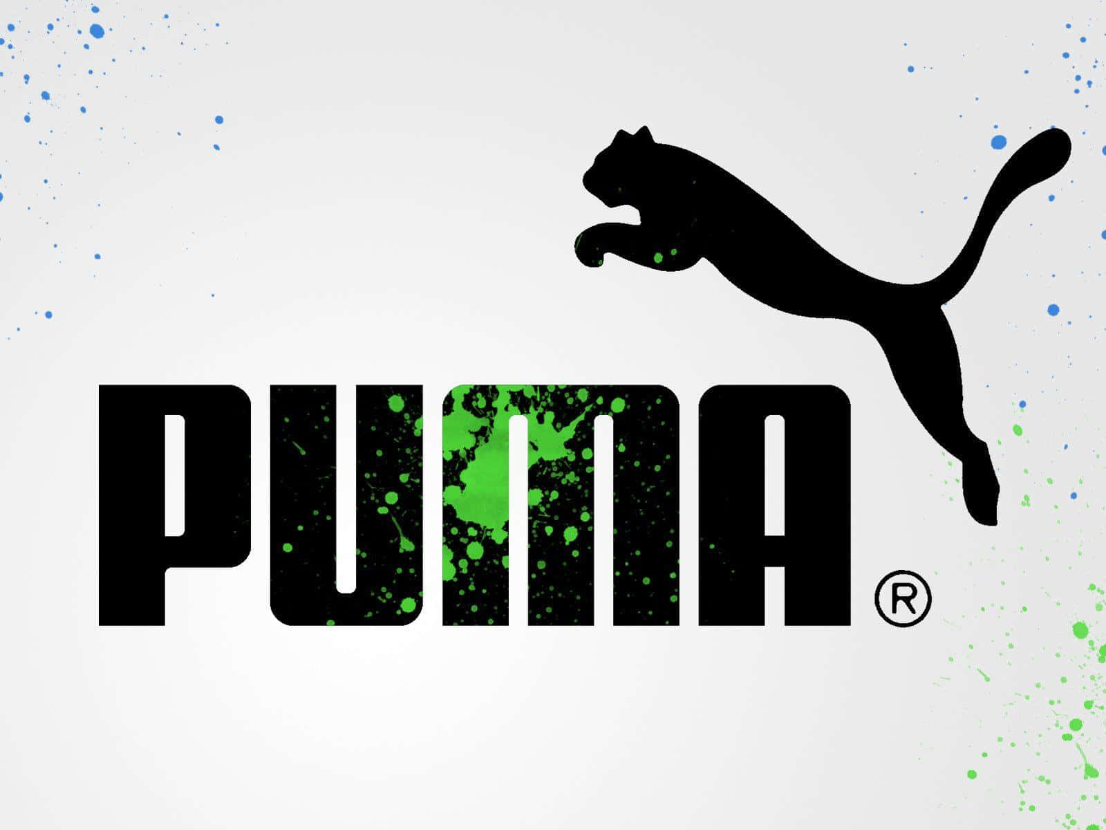 Puma 桌布 壁紙 — Puma 標誌，黑色跳躍的貓和綠色潑漆在白色背景上。