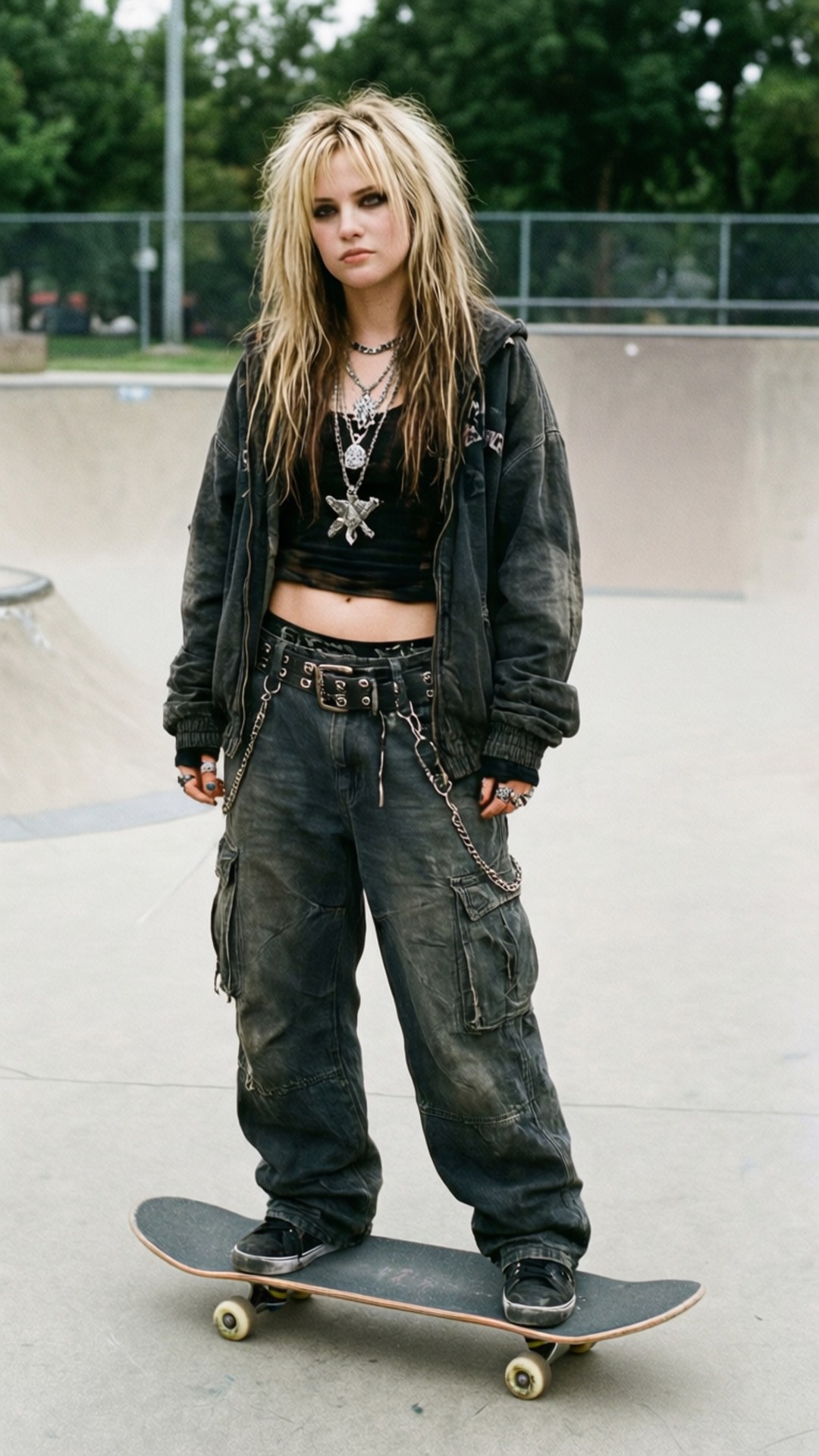Skater Girl Vibe 壁紙 — 一個龐克女孩，一頭凌亂的金髮，自信地站在混凝土滑板公園的滑板上，穿著層疊的鏈條和黑色外套。