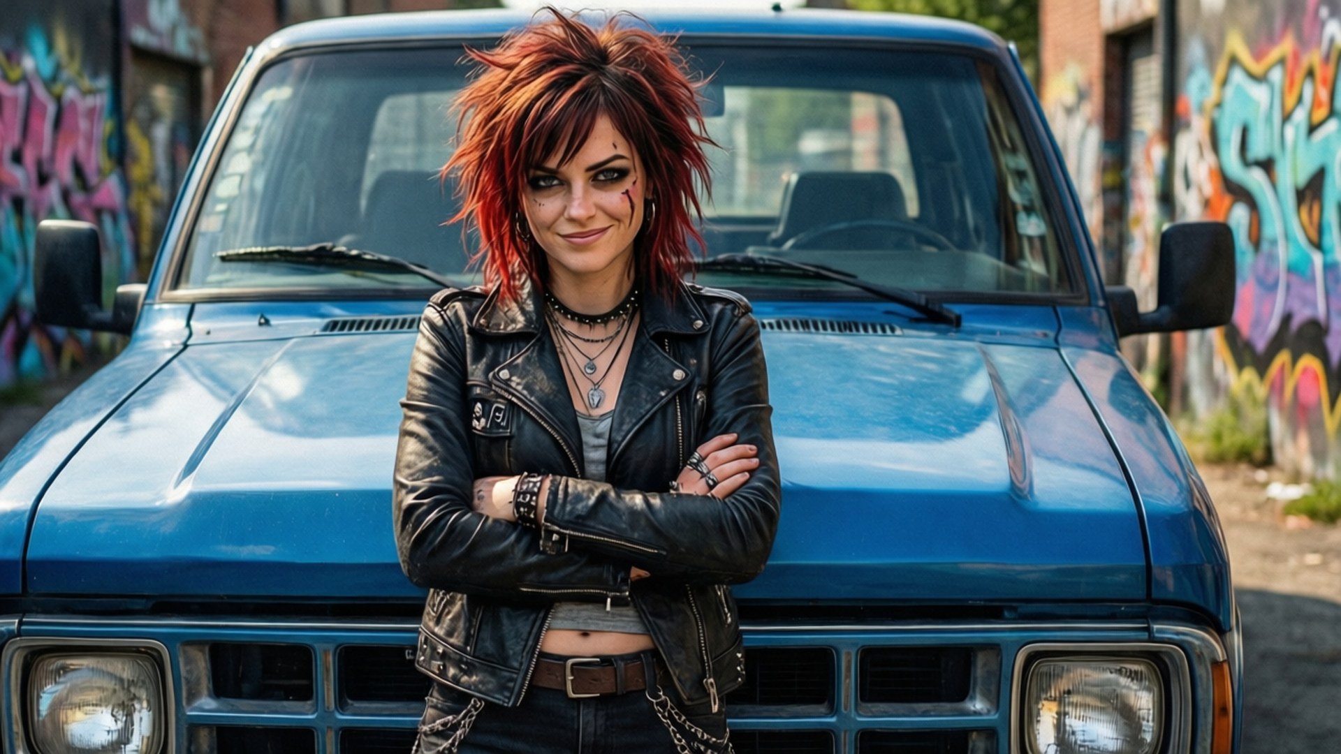 Chloe and Truck 壁紙 — 一位龐克女性，紅色尖刺頭髮和黑色皮夾克，自信地交叉雙臂站在一輛停泊在塗鴉牆旁的藍色皮卡車前。