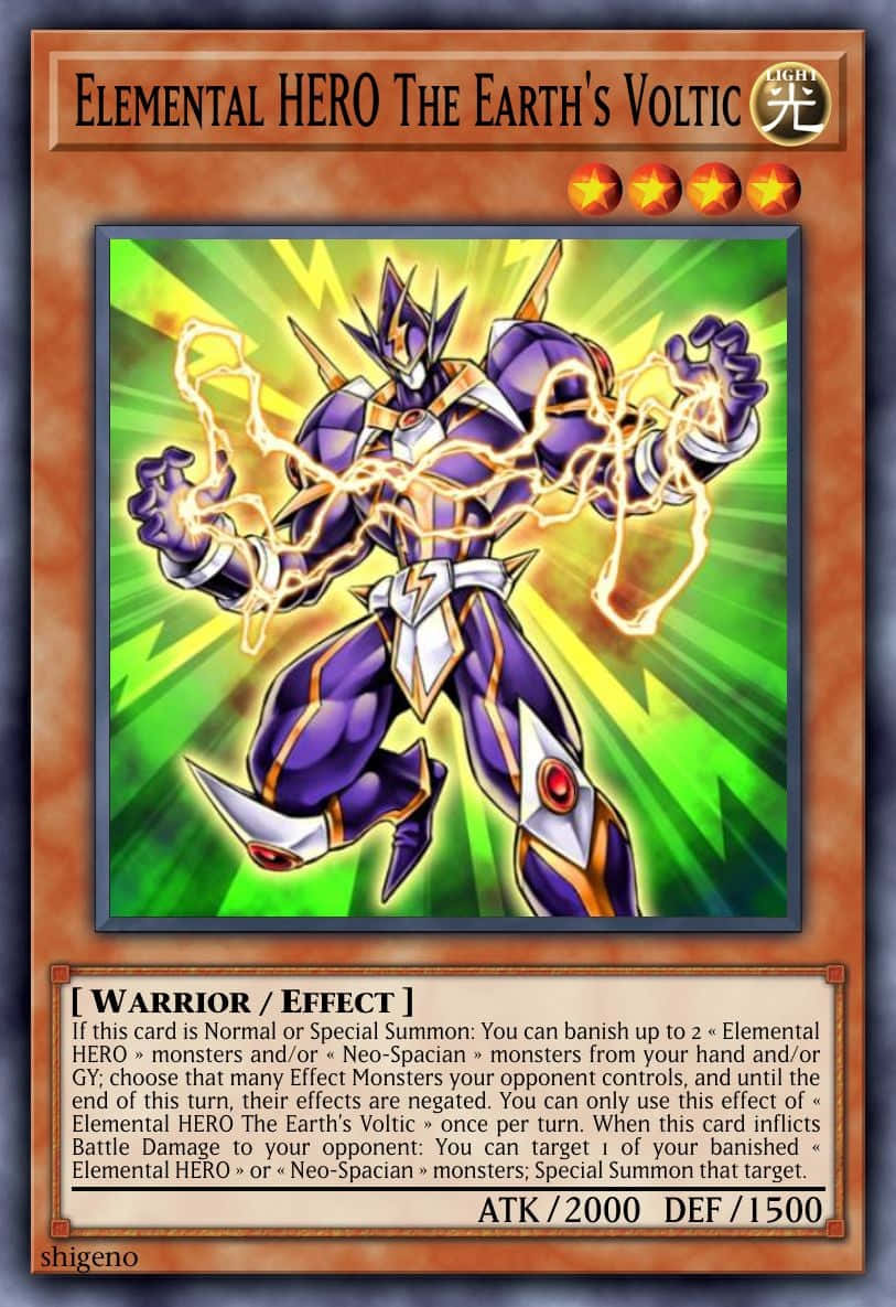 Yugioh Elemental Hero 桌布 壁紙 — 一個紫色裝甲戰士，拳頭周圍閃電劈啪作響，動態地站在耀眼的綠色和黃色爆炸背景前。
