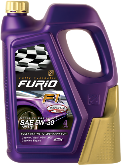 紫色Furio F1合成引擎機油瓶，帶有賽車和方格旗設計。 — F1 壁紙