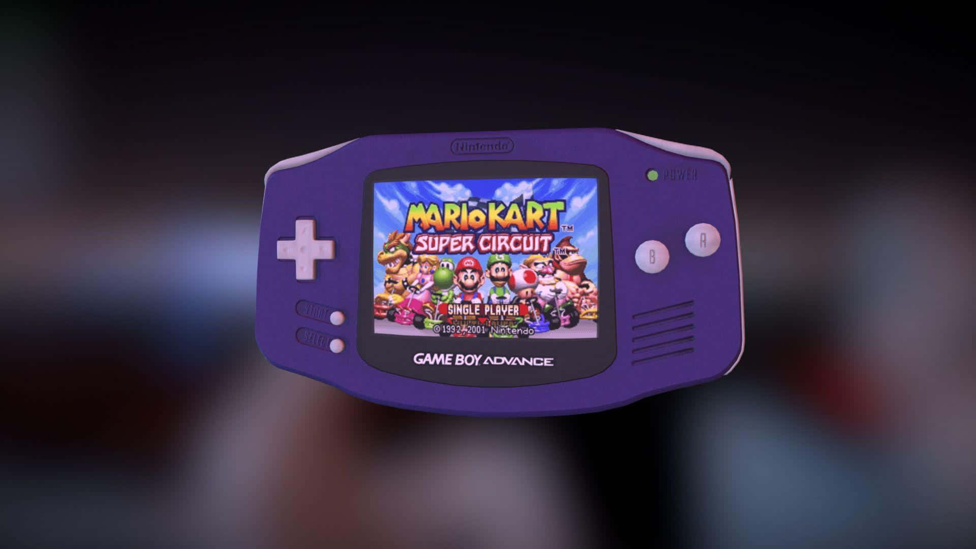 紫色 Game Boy Advance 顯示 Mario Kart Super Circuit 遊戲標題畫面。 — 馬力歐卡丁車 壁紙