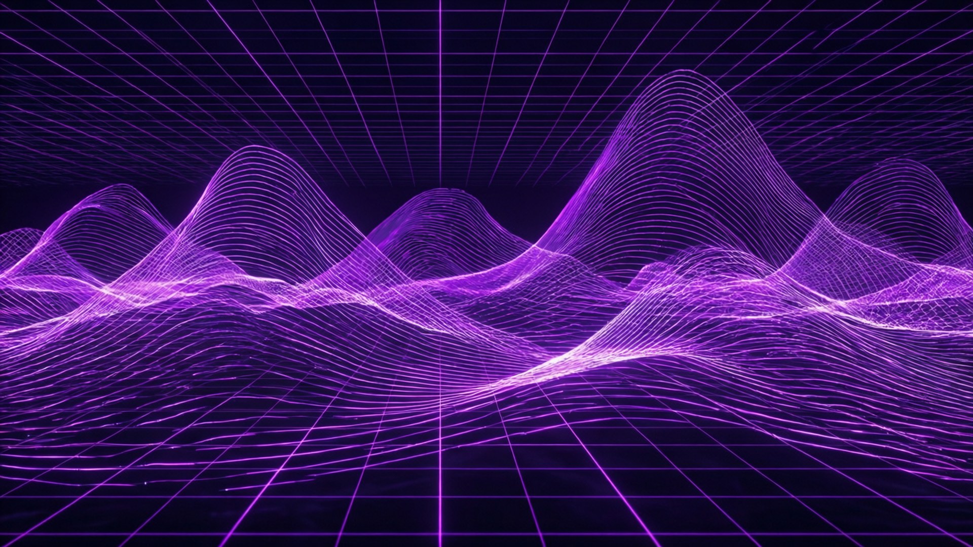 Neon Purple Waves 壁紙 — 紫色發光波紋線條在黑暗網格背景上擴散，呈現未來數位景觀。