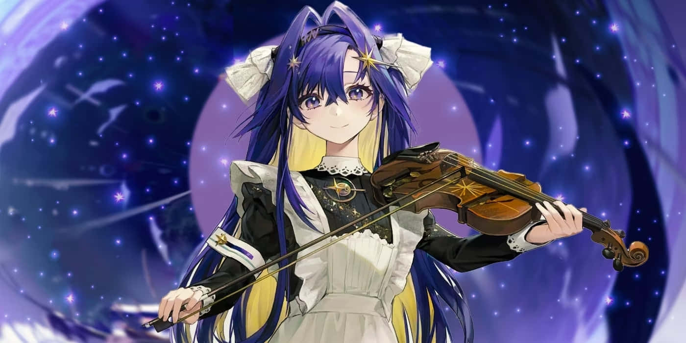  壁紙 — 一位紫髮動漫少女穿著女僕裝，在旋轉的宇宙星空背景下拉小提琴。