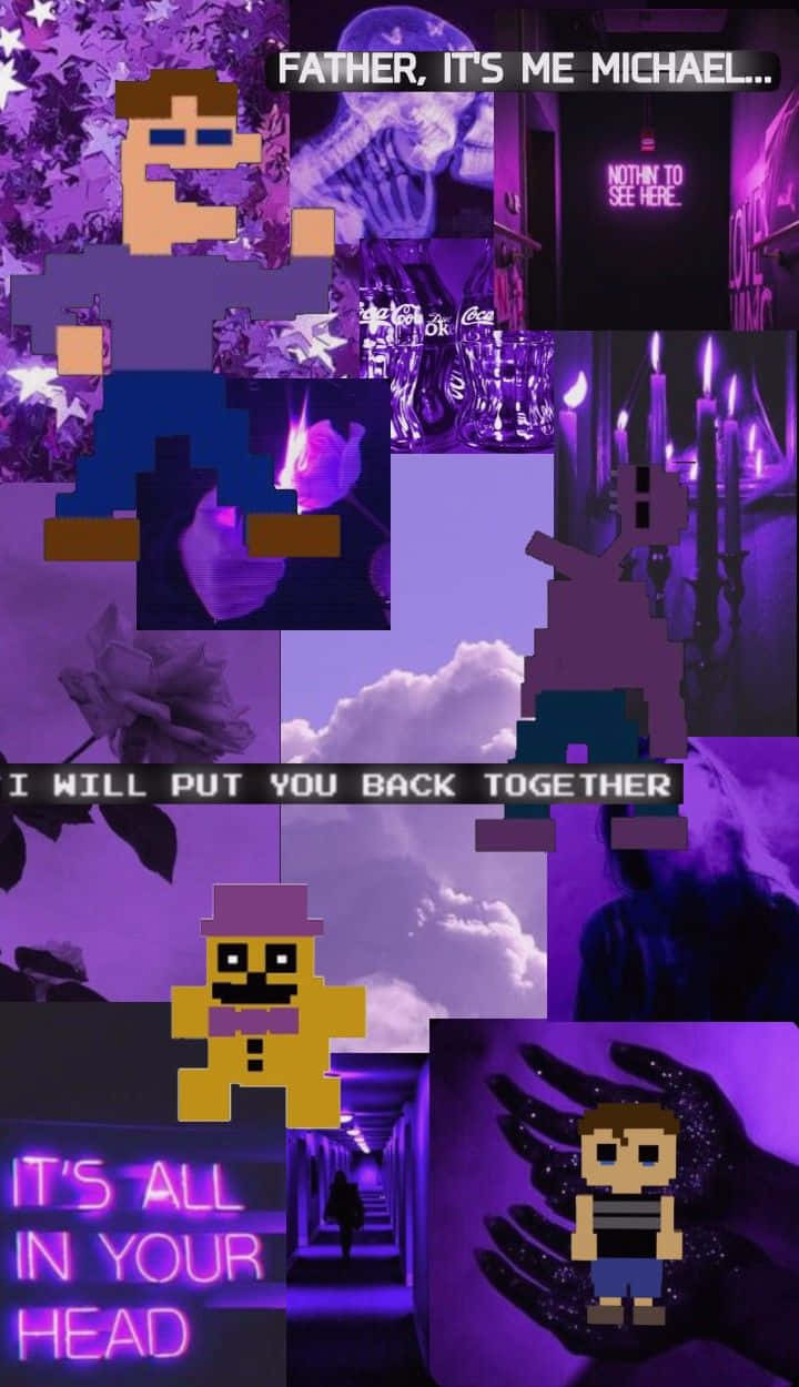  壁紙 — 來自遊戲《Five Nights at Freddy's》的紫色調像素化角色和詭異圖像拼貼，帶有發光文字疊加。