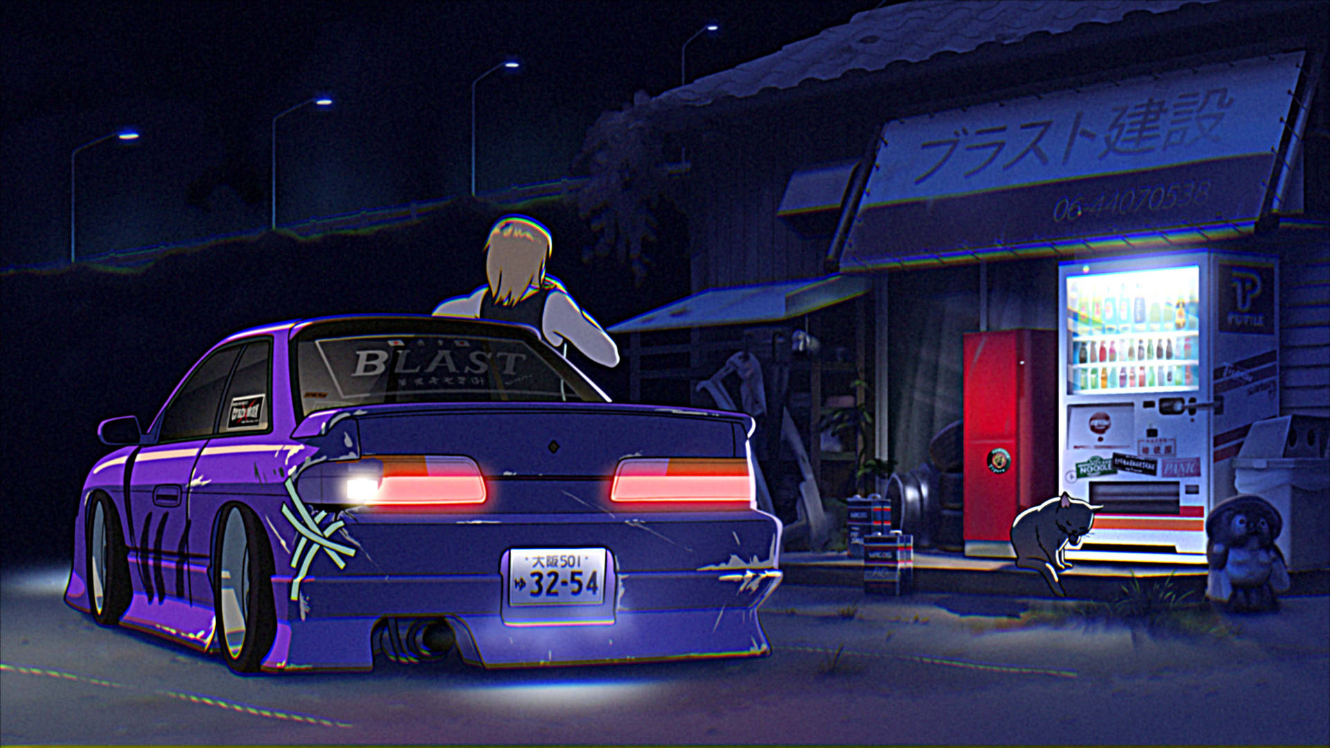 紫色改裝車停放在夜晚的日本加油站，後面站著一個人。 — 酷車 壁紙