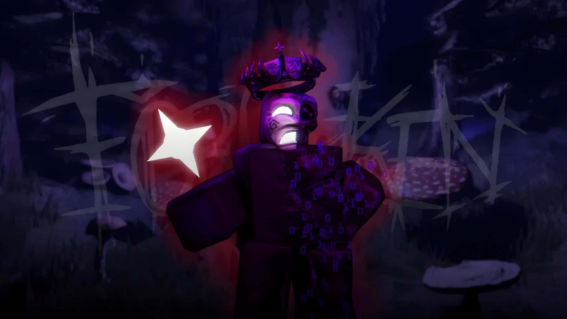  壁紙 — 一個紫色的Roblox角色，有發光的眼睛和皇冠，站在一個有發光星星和塗鴉的黑暗森林中。