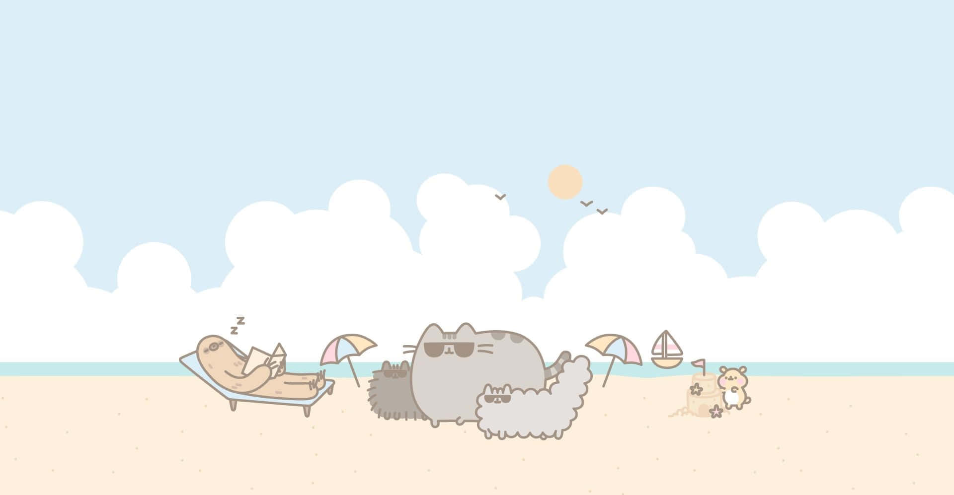 pusheen 動圖 桌布 壁紙 — Pusheen 和朋友們在晴朗的天空下，在一個有遮陽傘、沙堡和帆船的陽光海灘上放鬆。