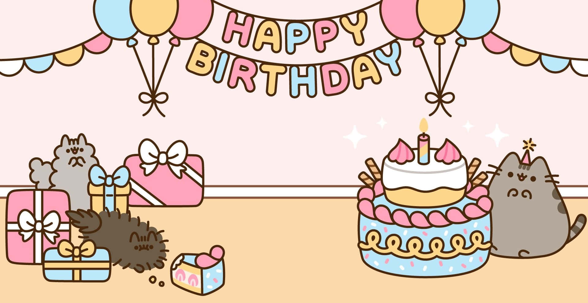 pusheen 動圖 桌布 壁紙 — Pusheen 和朋友們在粉彩卡通房間裡用蛋糕、蠟燭、氣球和禮物慶祝生日。