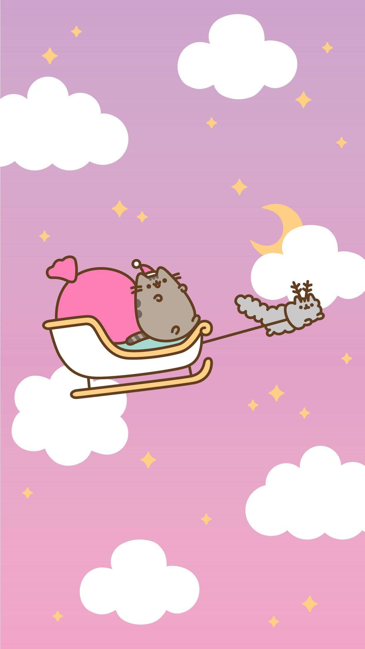 Kawaii iPhone 桌布 壁紙 — Pusheen 貓咪乘坐由馴鹿拉著的雪橇，穿過有雲和星星的粉紅色天空。