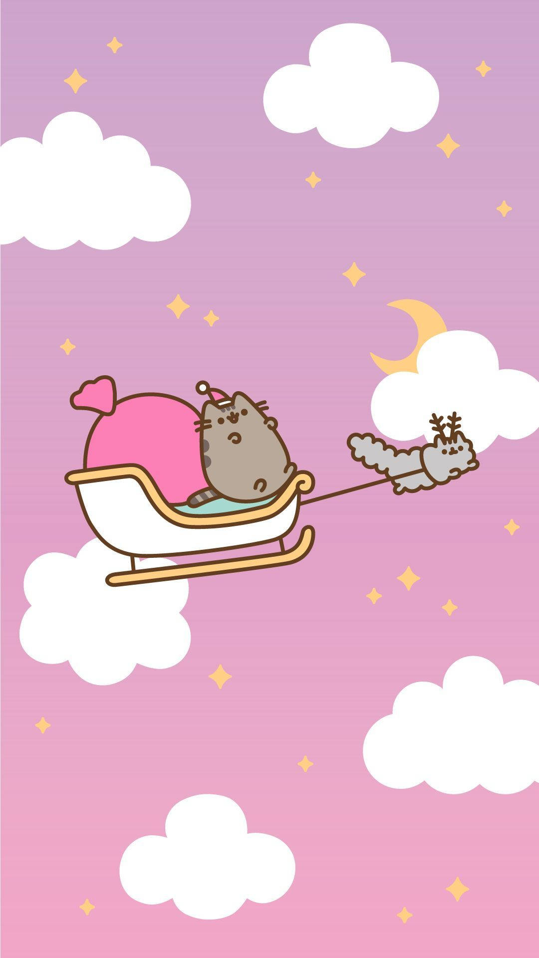 Kawaii Christmas 桌布 壁紙 — Pusheen 貓咪乘坐由馴鹿拉著的雪橇，穿越粉紅色的天空，有雲朵和星星。