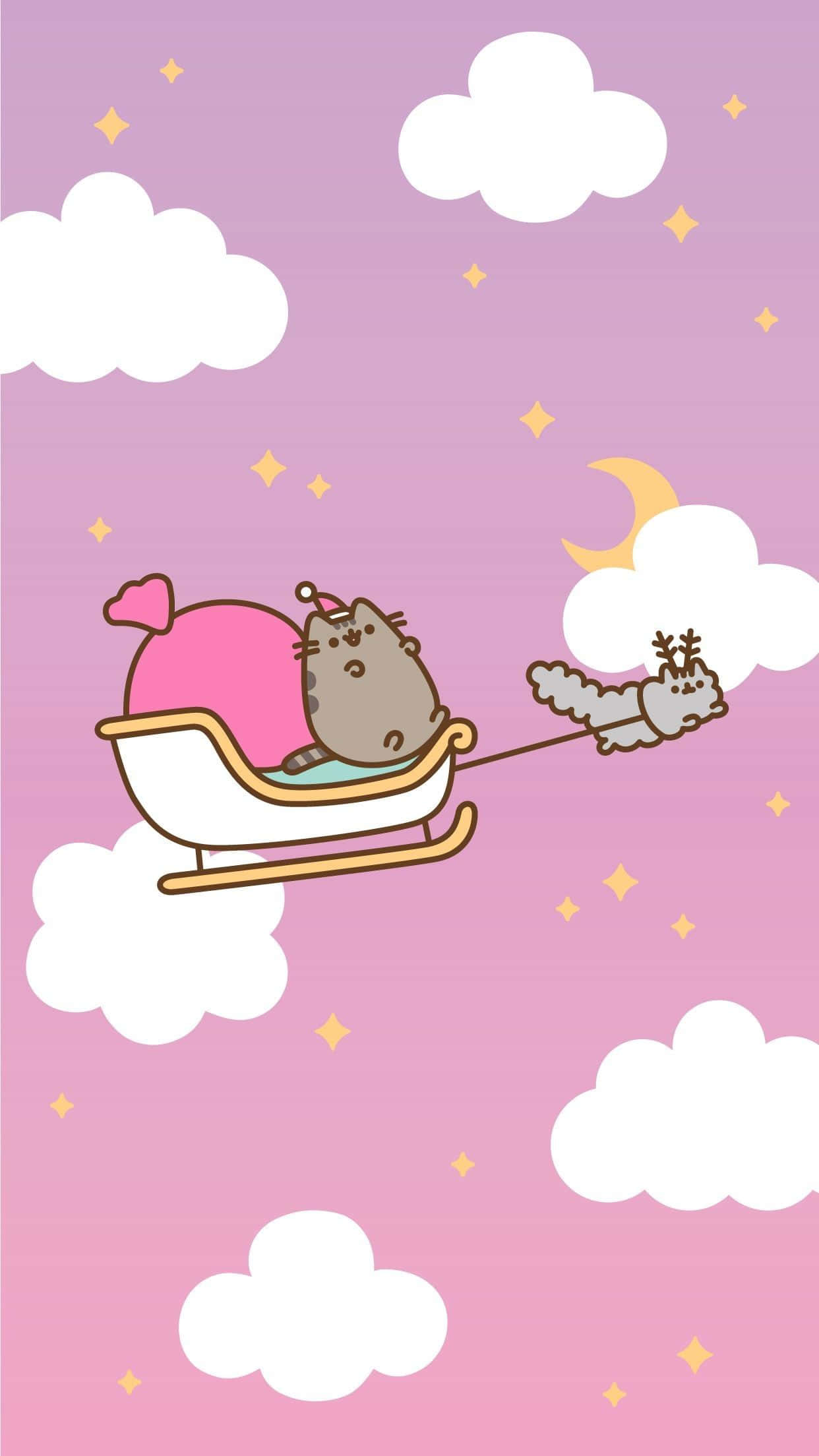 Santa Claus 桌布 壁紙 — Pusheen 貓咪乘坐由馴鹿拉著的雪橇，穿越有雲和星星的粉紅色天空。