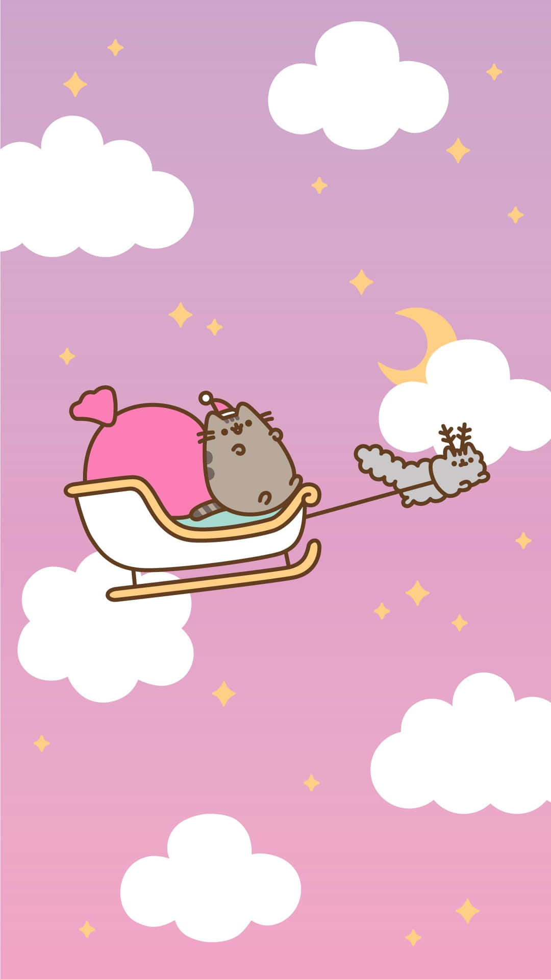 Pusheen 貓咪在由馴鹿拉著的雪橇上，飛越粉紅色的夜空。 — Pusheen 動圖 壁紙