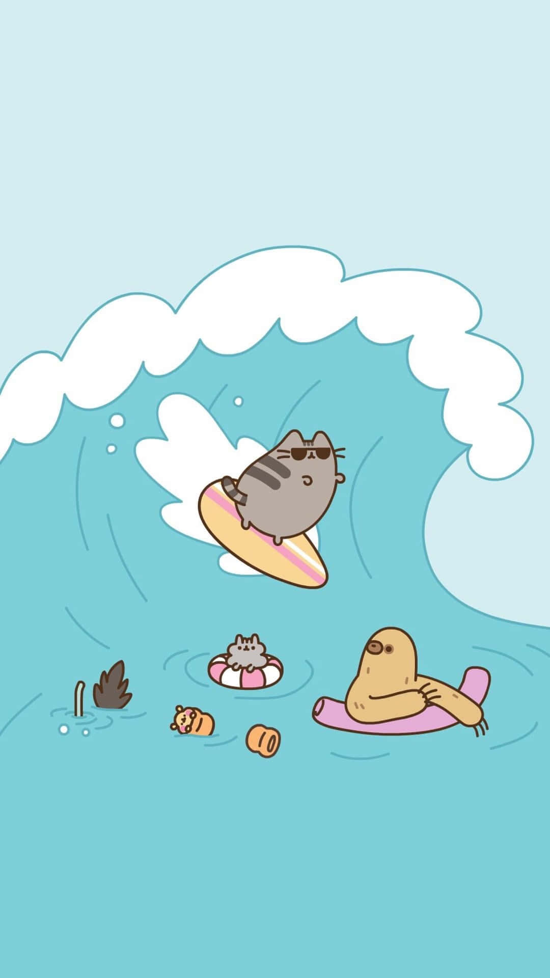 Pusheen 衝浪，朋友們在海洋中漂浮。 — Pusheen 動圖 壁紙