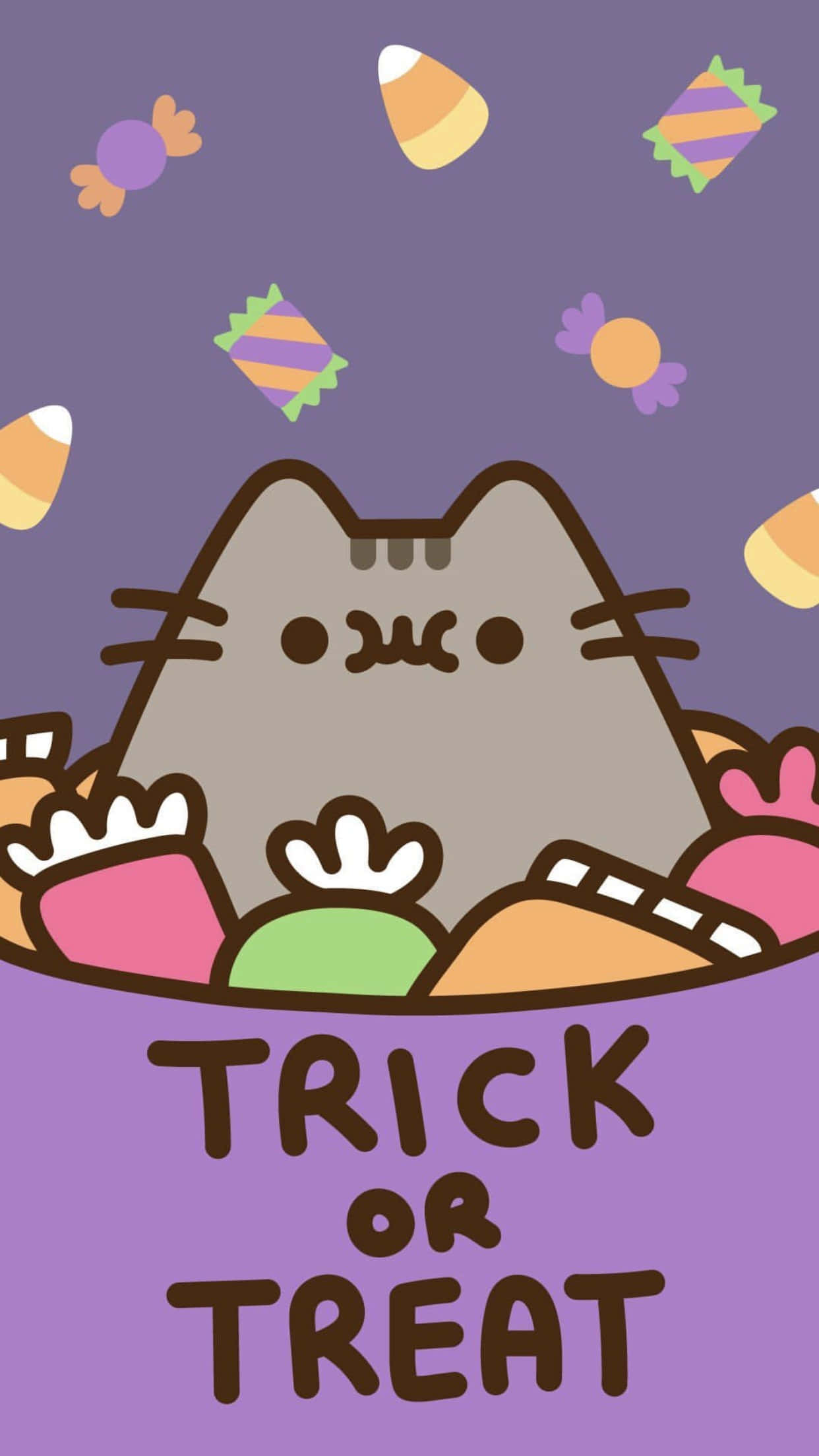 Trick Or Treat 桌布 壁紙 — Pusheen 貓咪在紫色背景上，從一個裝滿色彩繽紛糖果的紫色 trick or treat 袋上方偷看。