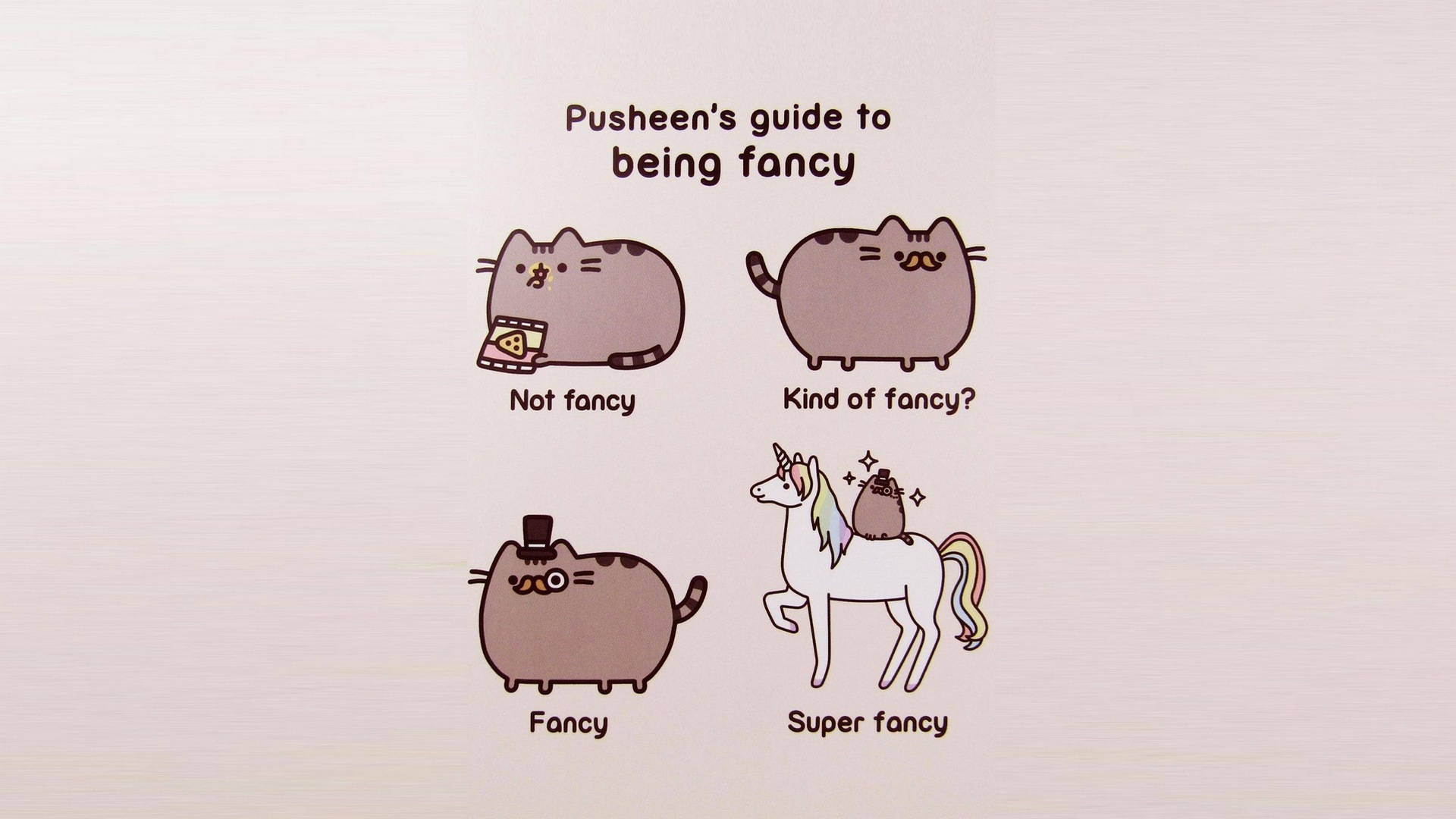 貓迷因 桌布 壁紙 — Pusheen 貓幽默地展示了從吃披薩到騎著閃閃發光的獨角獸的四個花俏級別。