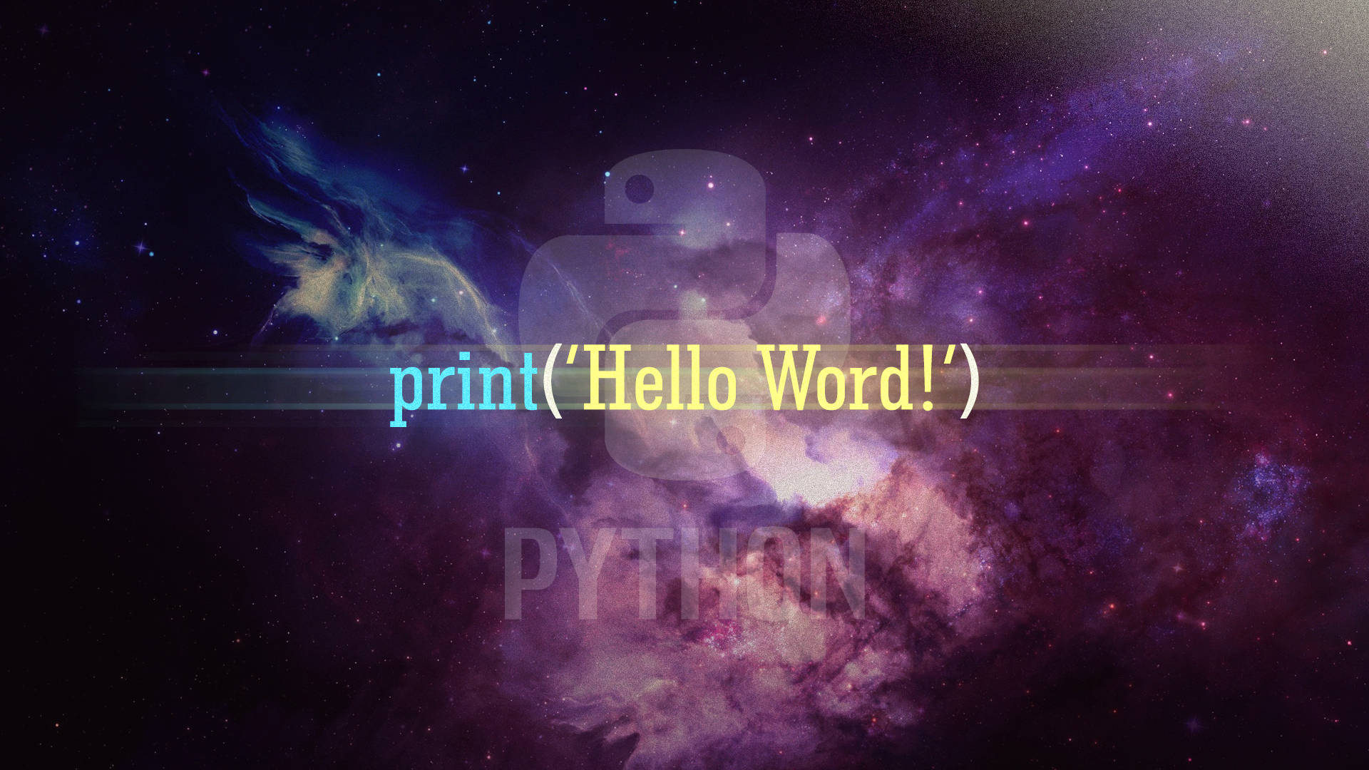 Python print Hello World 程式碼漂浮在色彩繽紛的宇宙星雲中。 — 4K程式壁紙 壁紙