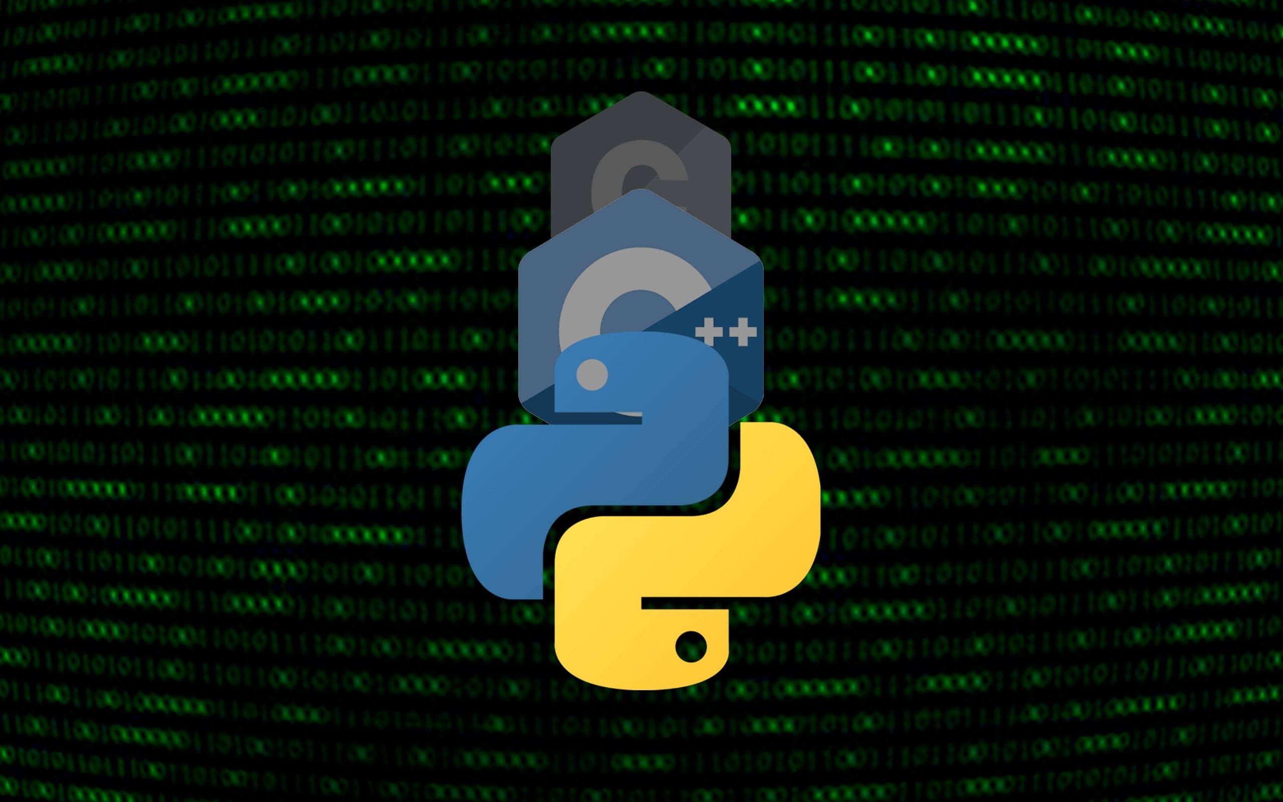 Programming 桌布 壁紙 — Python 和 C++ 標誌漂浮在綠色數位代碼背景上，構成科技主題的 Wallpaper。