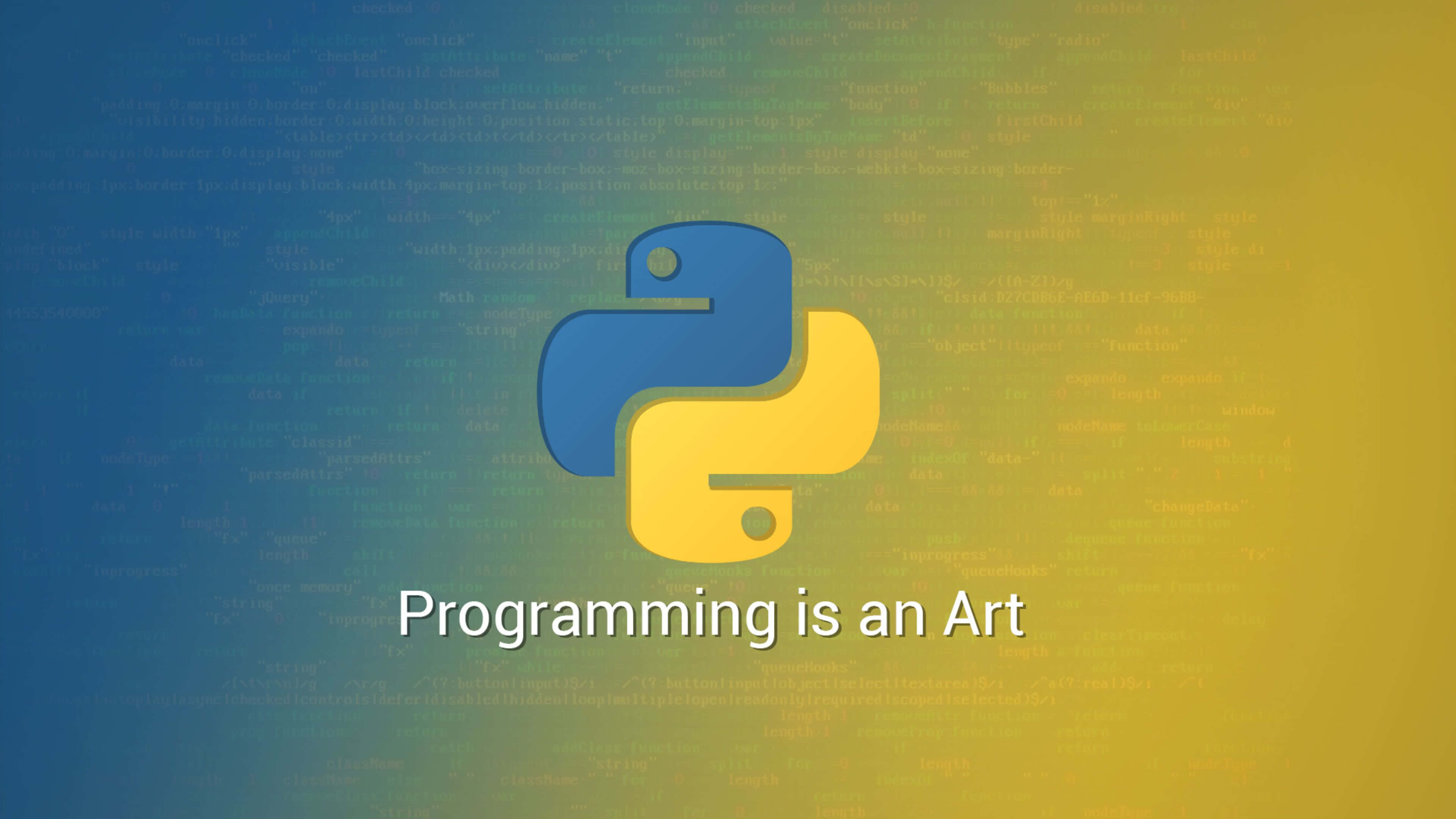 4K程式壁紙 桌布 壁紙 — Python 標誌居中於漸層背景上，帶有模糊的程式碼文字和「程式設計是一門藝術」的短語。