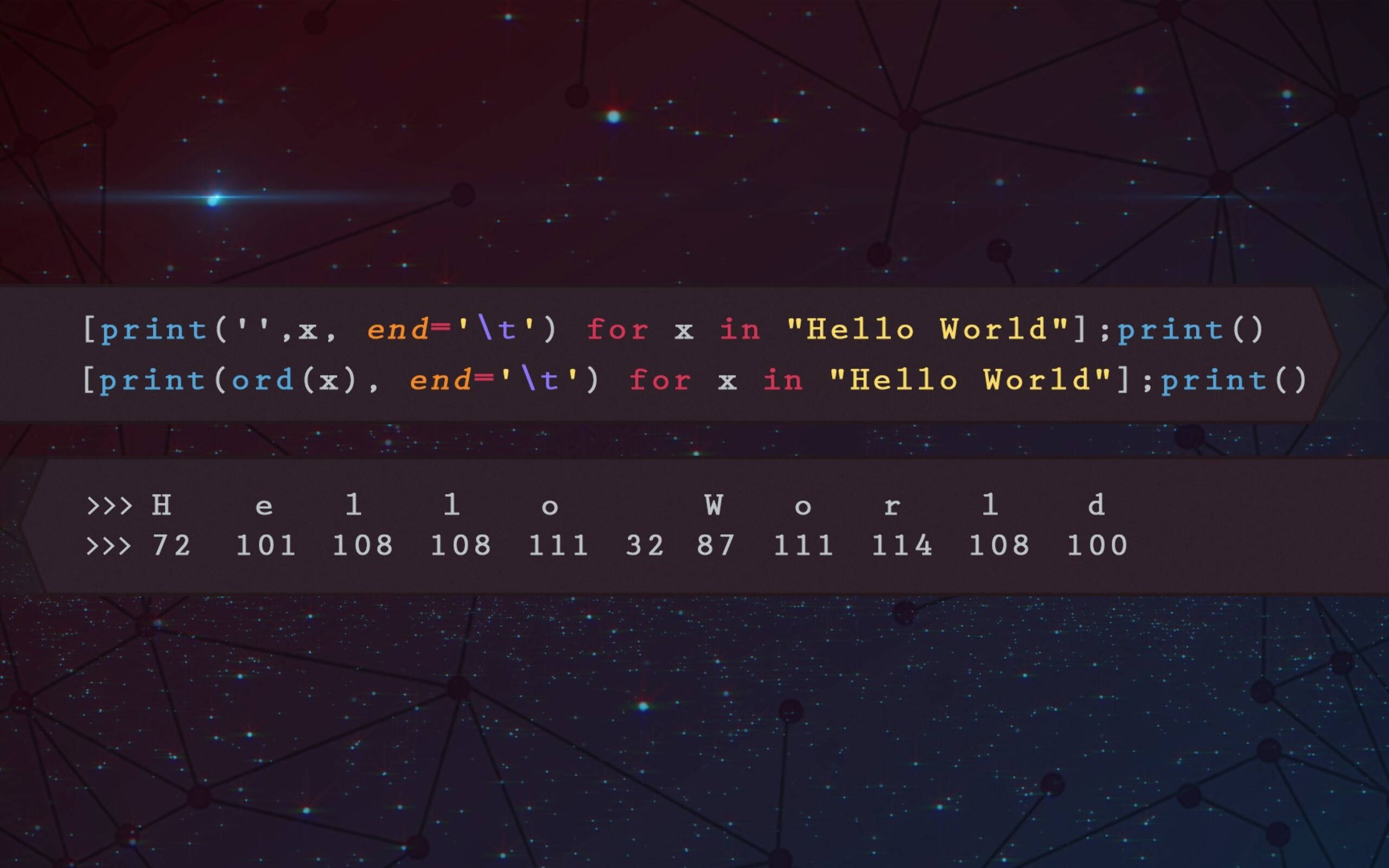 程式設計 桌布 壁紙 — Python 程式碼在星空宇宙網絡背景上顯示「Hello World」及其 ASCII 值。