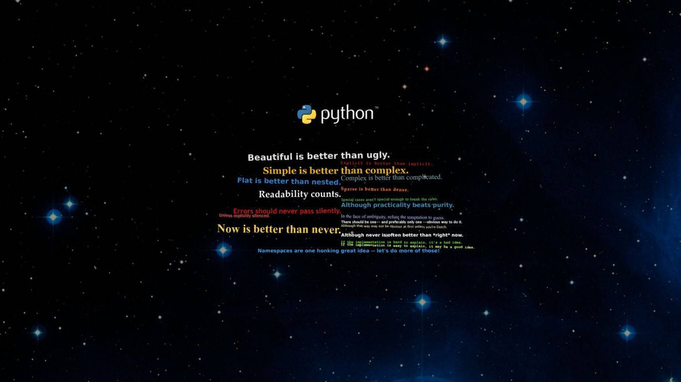程式碼 桌布 壁紙 — Python 程式設計哲學文字漂浮在繁星點點的夜空，帶有發光的藍色星星。